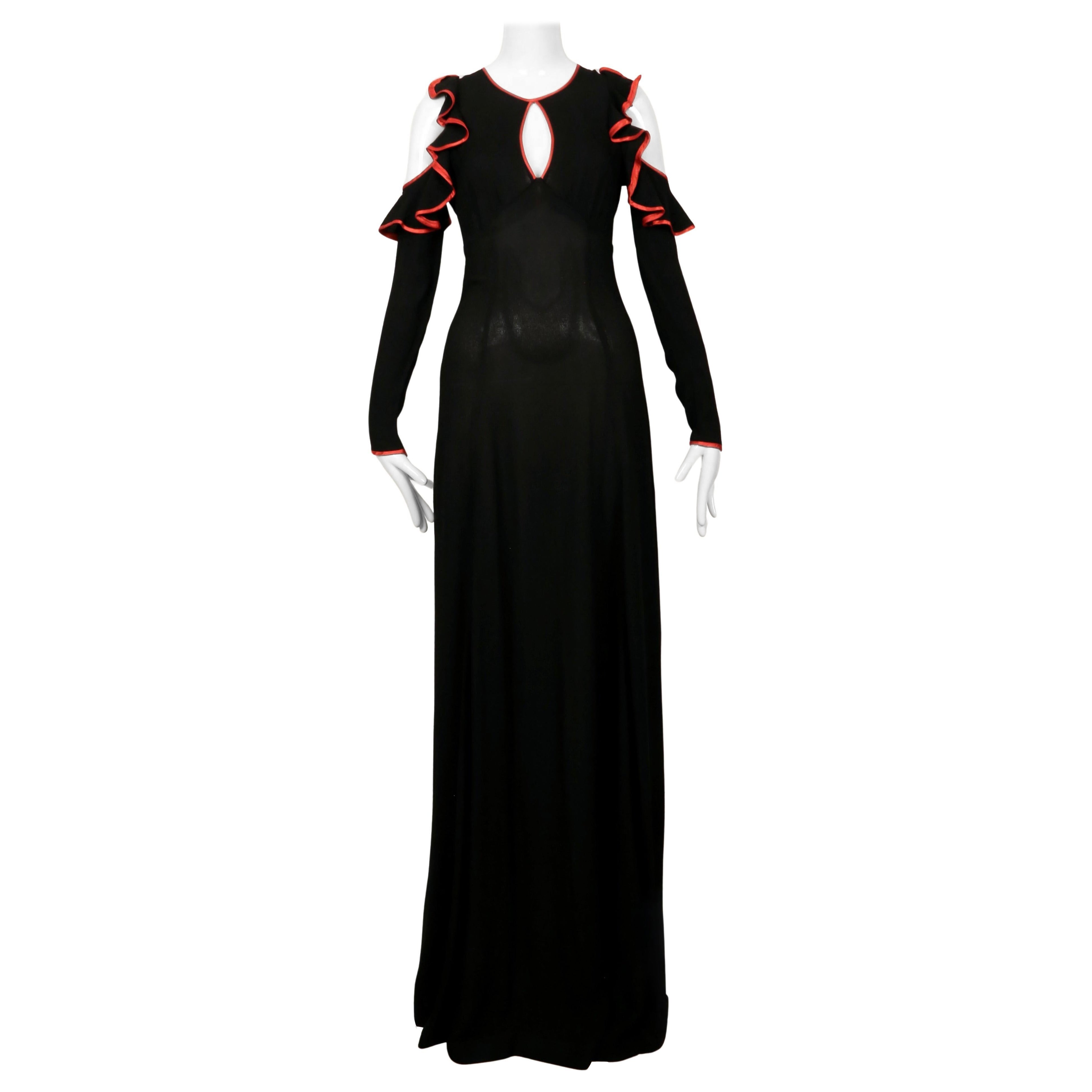 1968 OSSIE CLARK black moss crepe dress with keyhole neckline ruffles & red trim