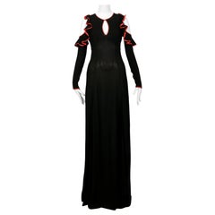 1968 OSSIE CLARK black moss crepe dress with keyhole neckline ruffles & red trim