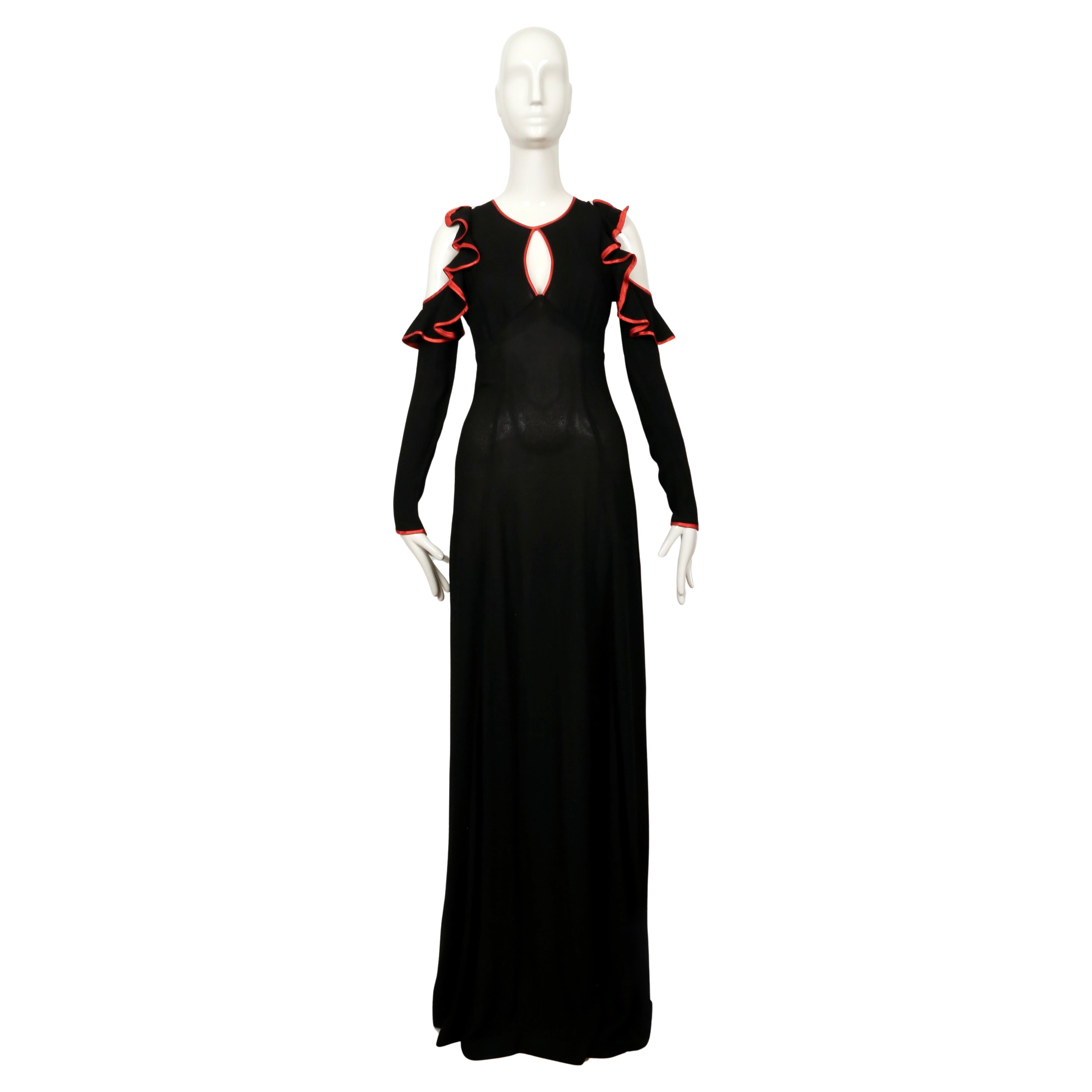 1968 OSSIE CLARK black moss crepe dress with keyhole neckline ruffles & red trim in vendita