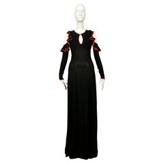 Vintage 1968 OSSIE CLARK black moss crepe dress with keyhole neckline ruffles & red trim