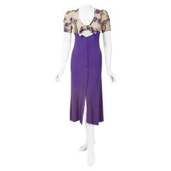 Vintage 1970 Ossie Clark Purple Crepe Celia Birtwell Floral Print Key-Hole Plunge Dress