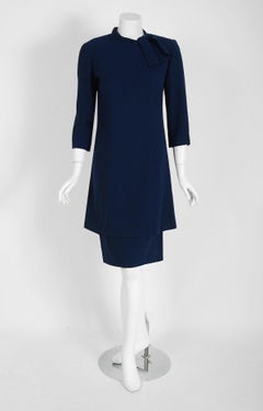 1968 Pierre Balmain Haute-Couture Navy Wool Asymmetric Buttons Mod Dress
