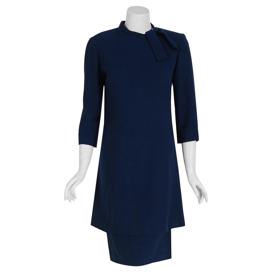 1968 Pierre Balmain Haute-Couture Navy Wool Asymmetric Buttons Mod Dress