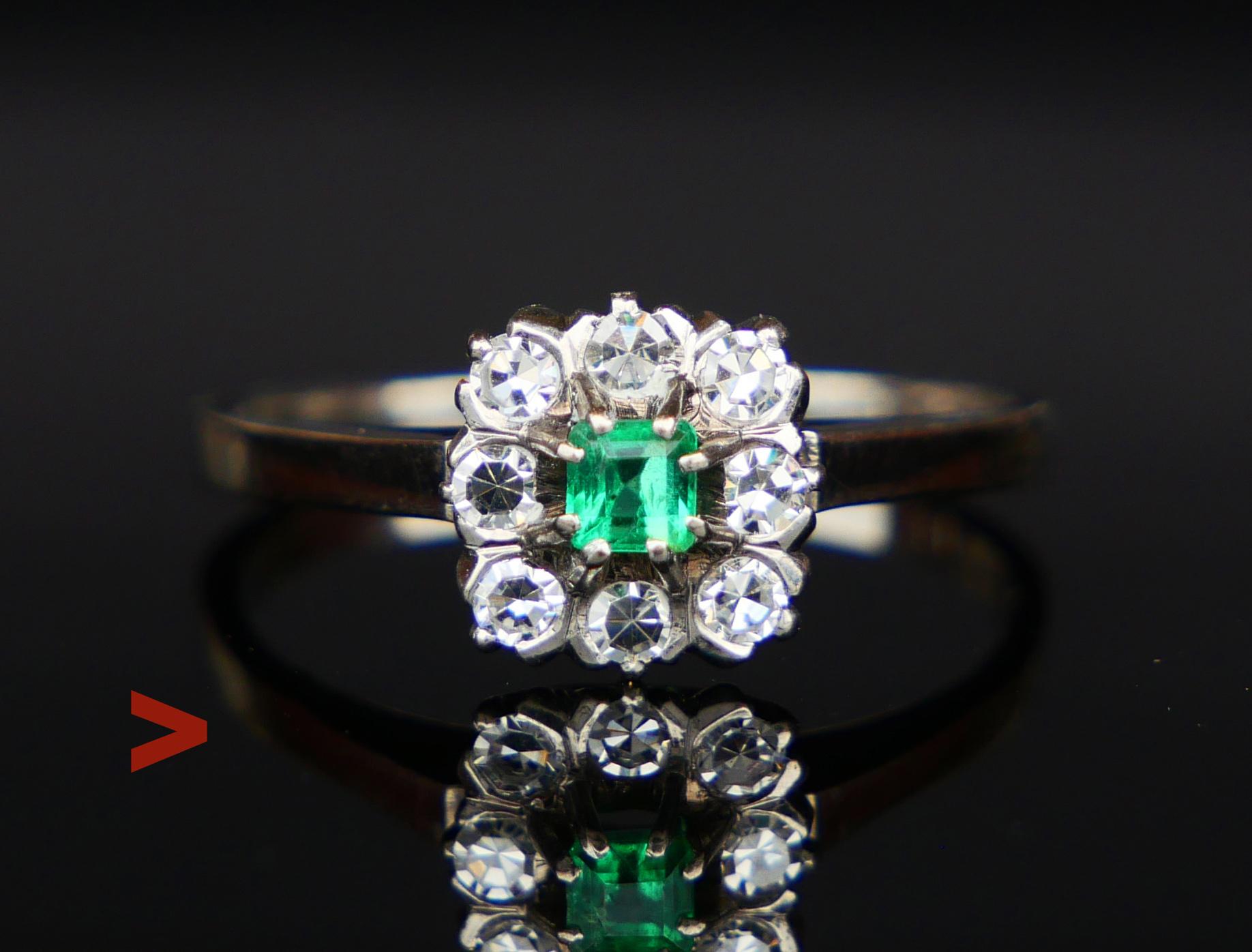 Vintage Ring in solid 18K White Gold featuring natural princess cut Emerald 2.75 mm x 2.15 mm / ca. 0.11 ct with natural internal flaws and inclusions. Emerald is accented with eight old diamond cut  Diamonds Ø2 mm / 0.03 ct each, total weight ca.
