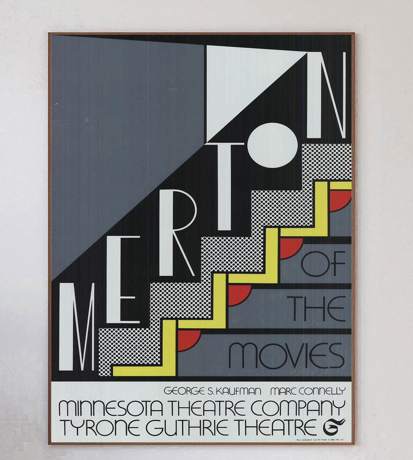 Impresionante serigrafía sobre papel de plata diseñada por el icónico Roy Lichtenstein. Creado en 1968, este cartel que promociona una proyección de 