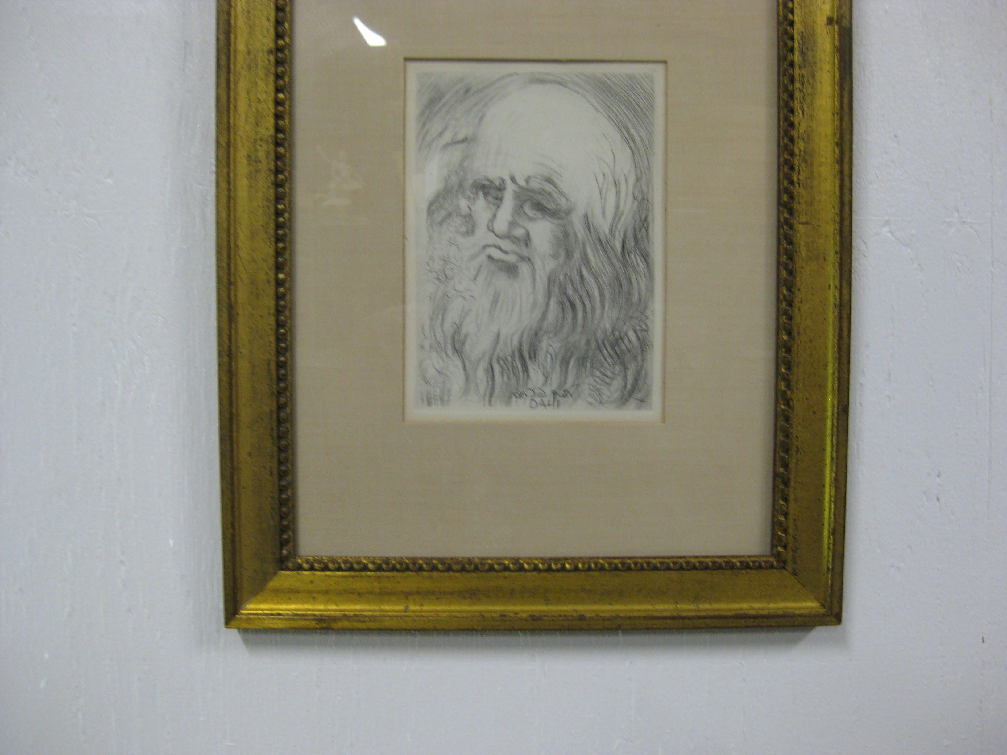 Américain Salvador Dali - Portrait d'artiste de Léonard de Vinci, gravure originale encadrée, 1968 en vente