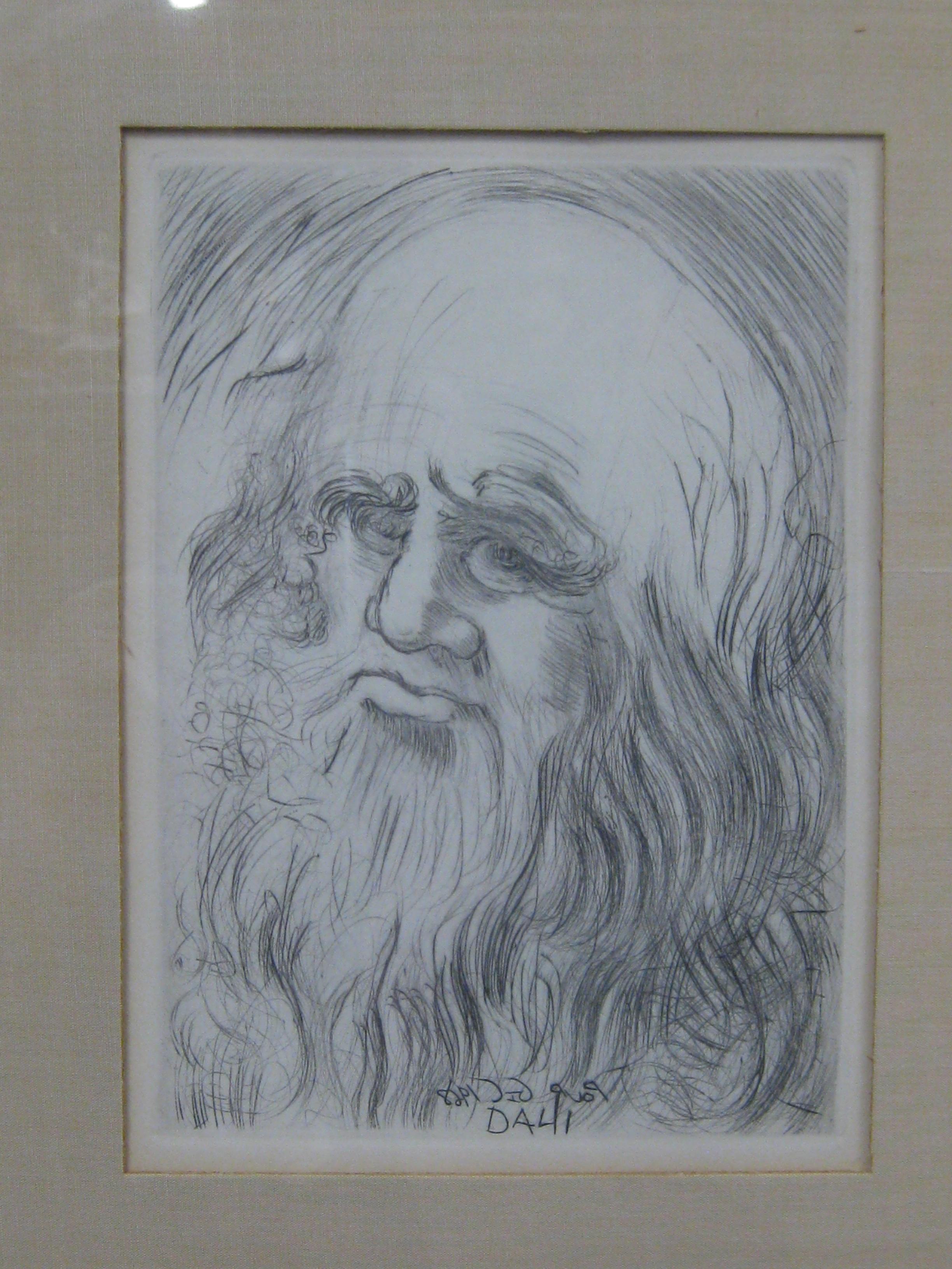 1968 Salvador Dali Leonardo da Vinci Künstlerporträt Original-Radierung Gerahmt (amerikanisch) im Angebot