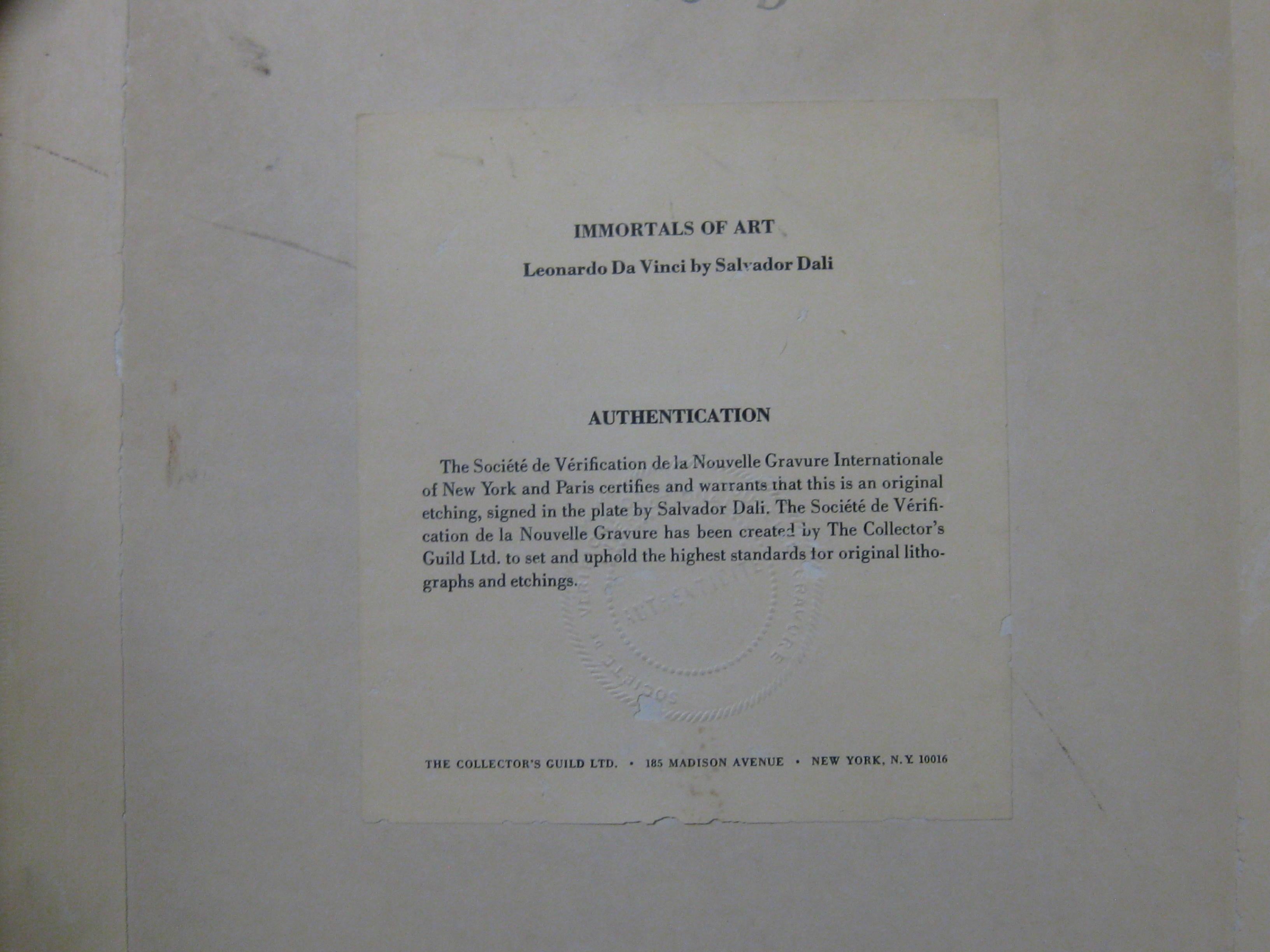 1968 Salvador Dali Leonardo da Vinci Künstlerporträt Original-Radierung Gerahmt im Angebot 1