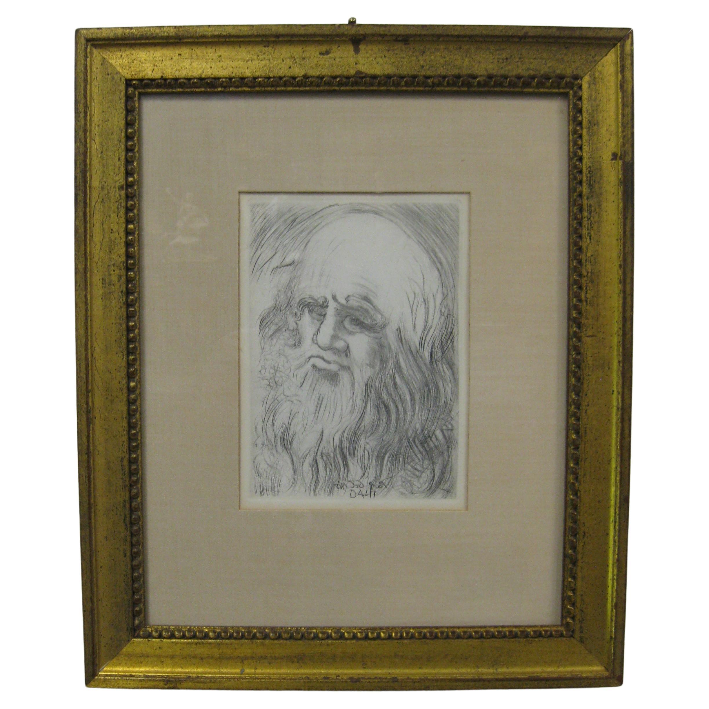 1968, Salvador Dali Leonardo Da Vinci Artist Portrait Original Etching Framed