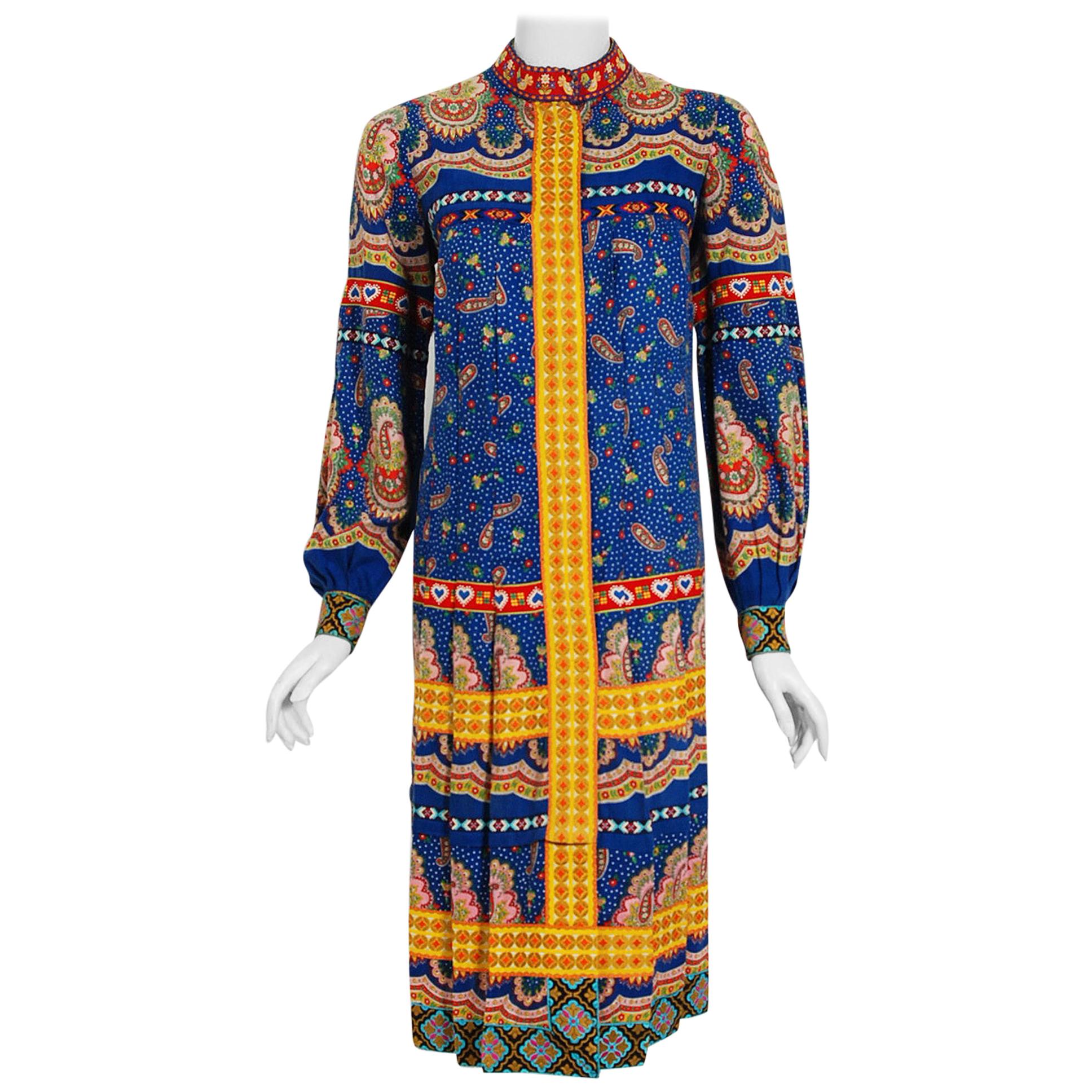 1970 Sant Angelo Documented Bohemian Print Cotton Dress Worn by Zsa Zsa Gabor