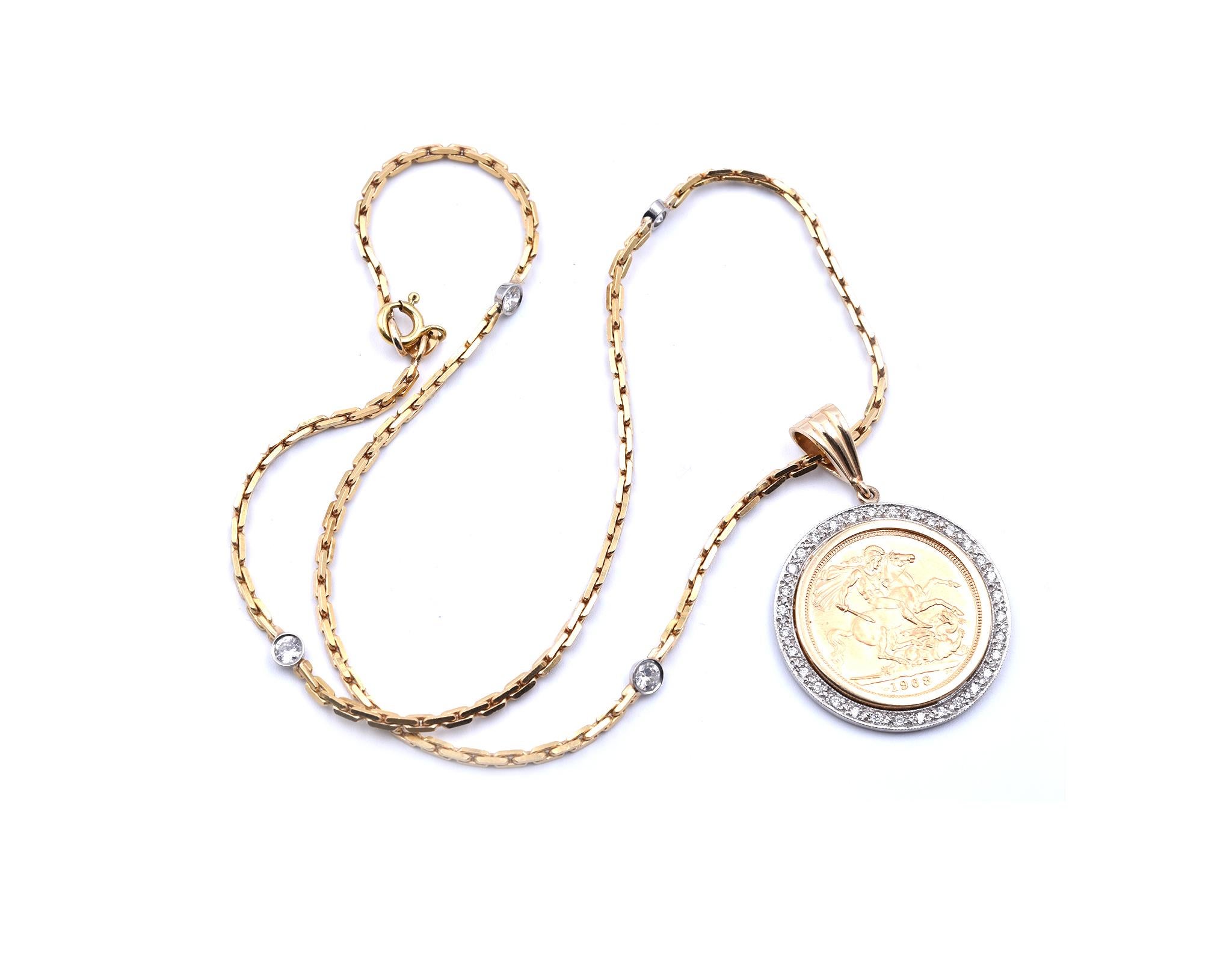 Designer: custom design
Material: 14k yellow gold
Diamonds: 33 round brilliant cut = .50cttw
Color: H
Clarity: SI
Dimensions: chain is 16” long and coin pendant is 1 ½ inches long and 27.70mm diameter 
Weight: 25.21 grams
