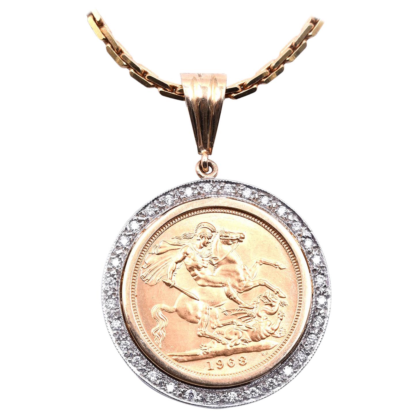 1968 Sovereign Coin with Diamond Bezel and 14 Karat Gold and Diamond Chain