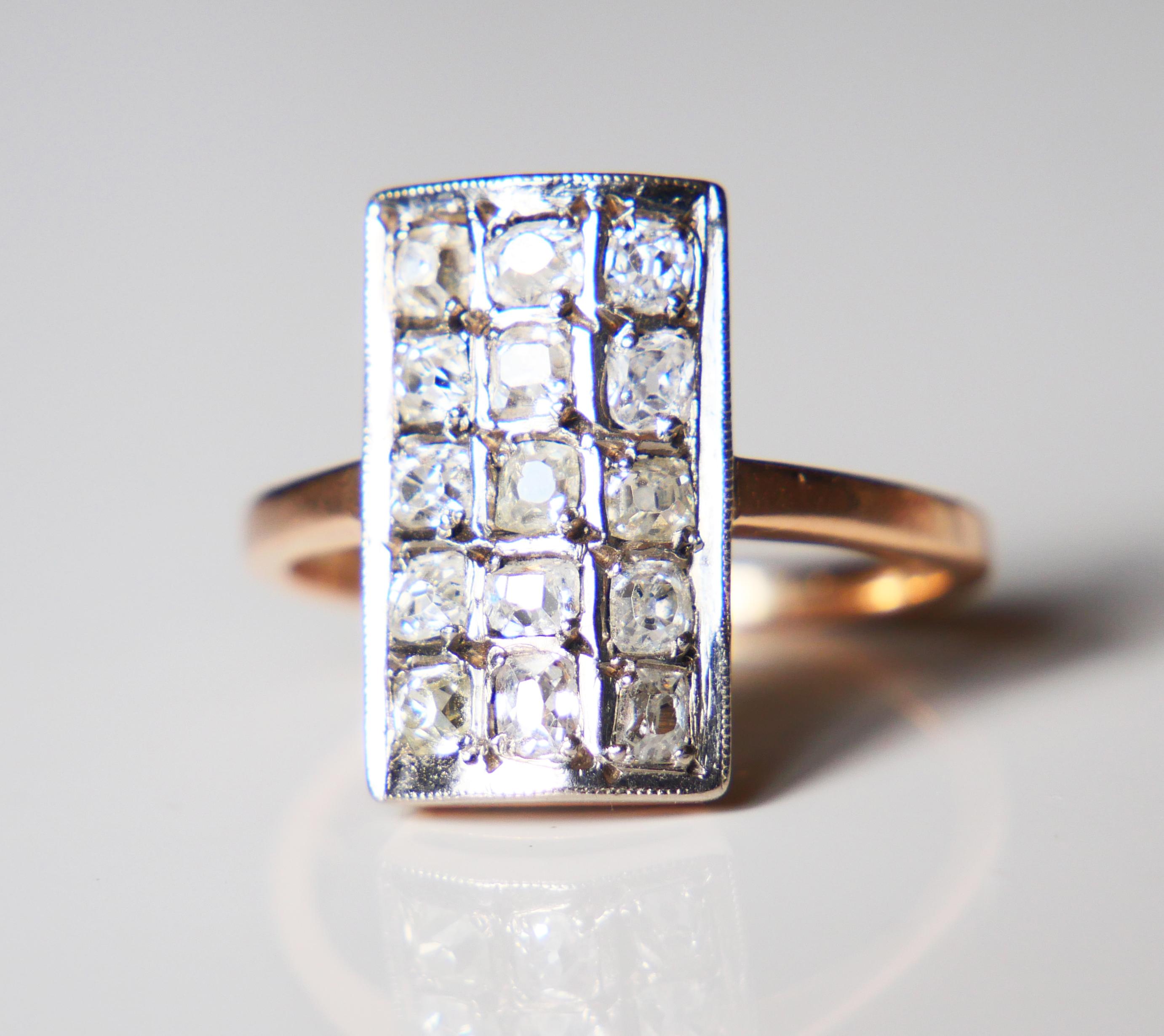 Luxurious ring with radiant convex shaped openwork  crown decorated with Russian old mine cut natural Ural Diamonds with long culets and thick girdles. Band and bridge in solid 14K Yellow Gold and crown's top is White Gold. 

Soviet Union standard