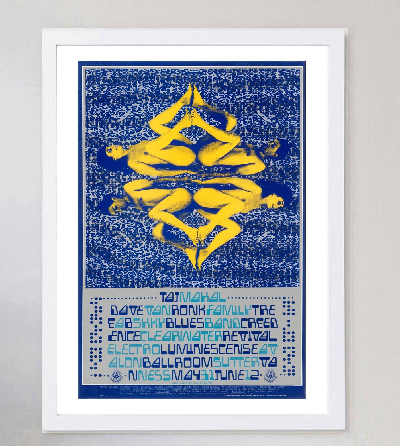 Designed by the concert poster artists Paul Kagan and David Smith this beautiful poster was created in 1968 to promote a live concert of Taj Mahal at the world famous Avalon Ballroom in San Francisco, with the legendary Dave van Ronk and Family Tree