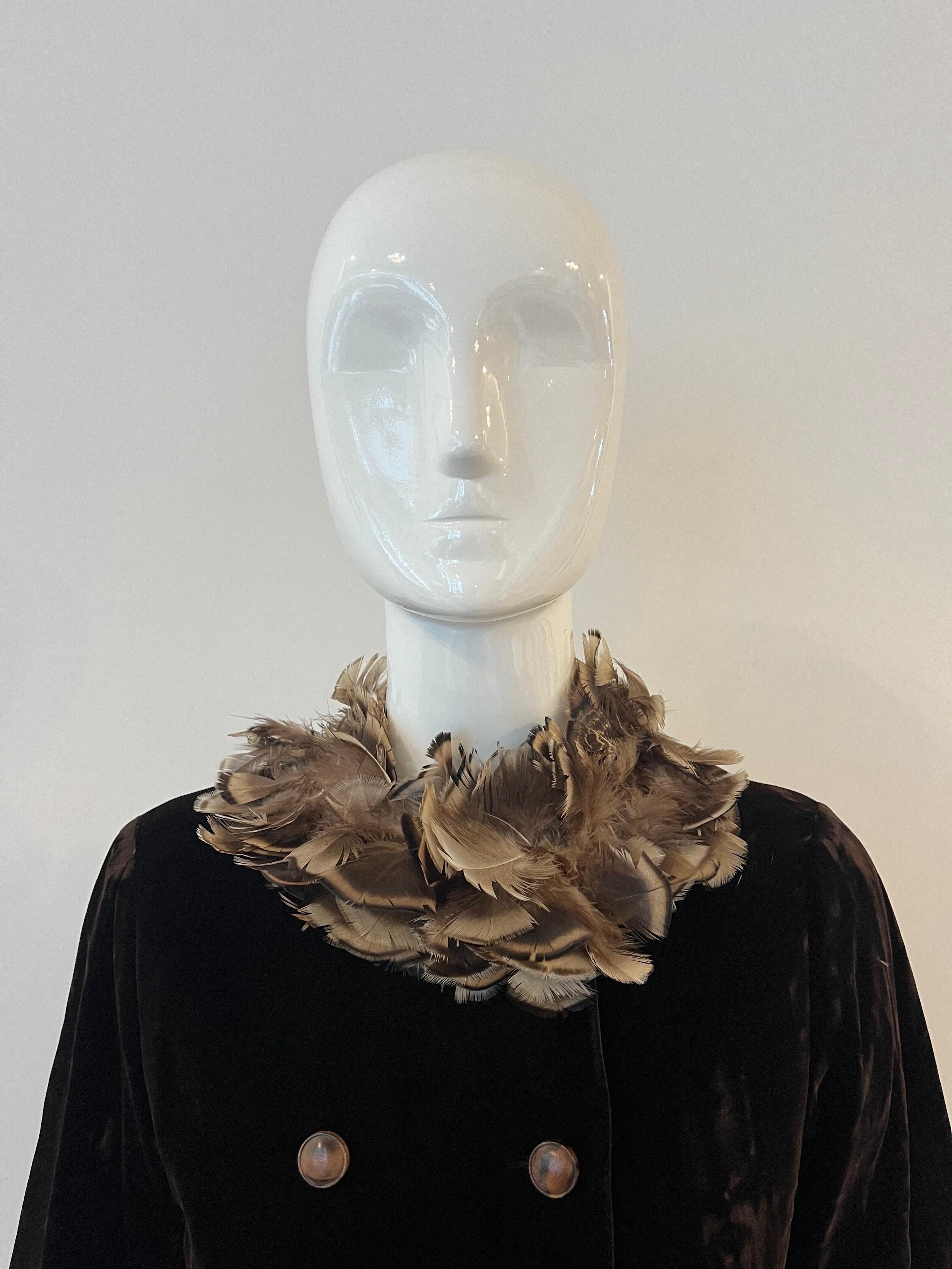 1968 YSL Yves Saint Laurent Couture Velvet Feather Evening Coat For Sale 2