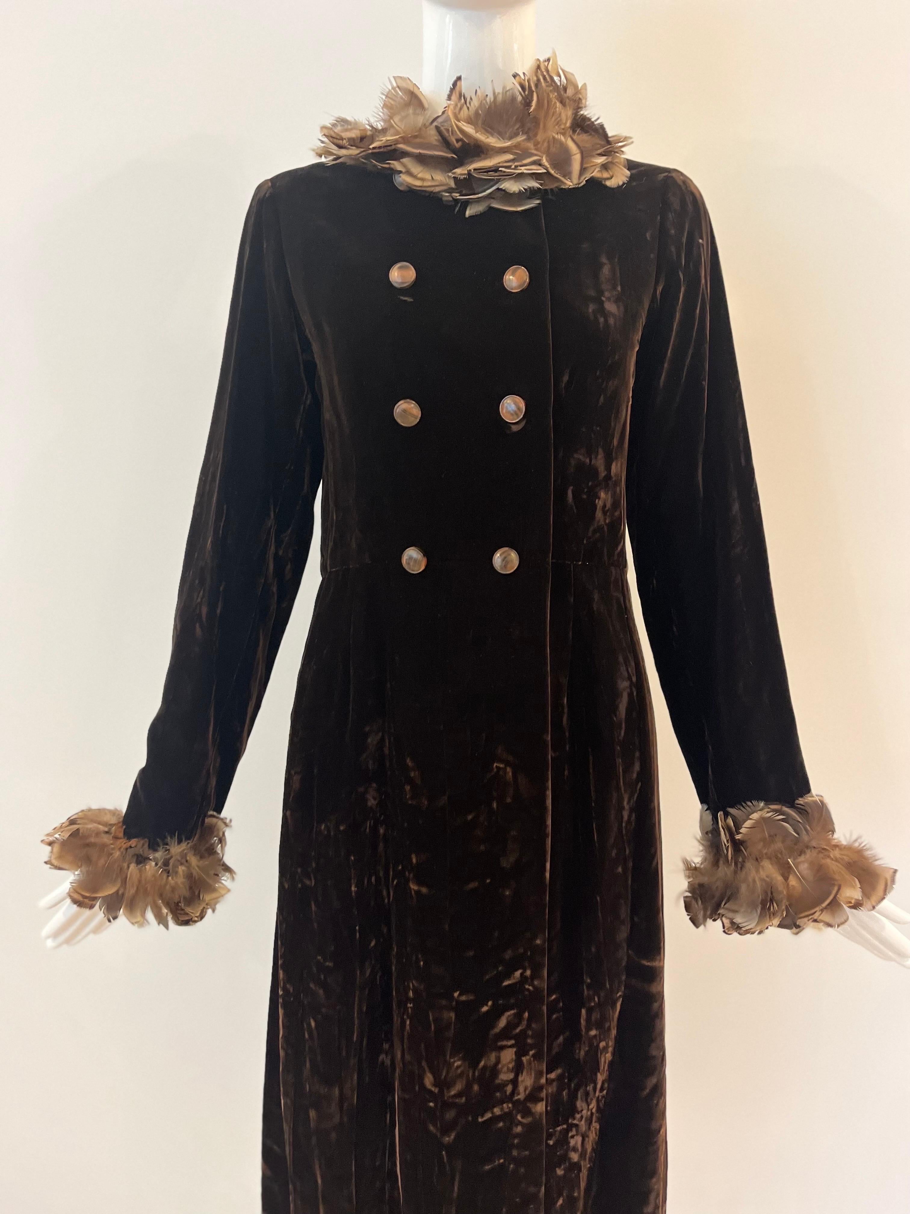 1968 YSL Yves Saint Laurent Couture Velvet Feather Evening Coat For Sale 5