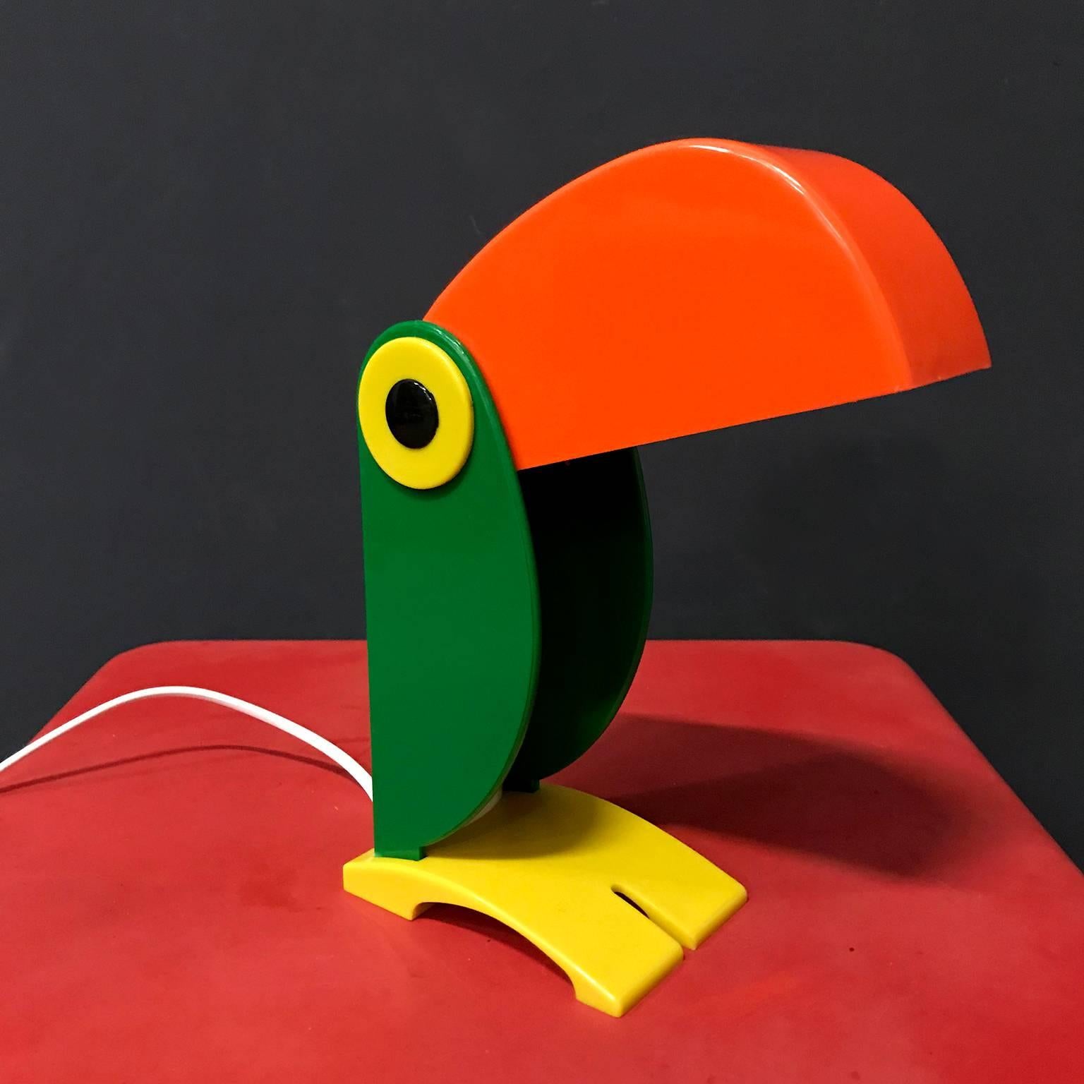 Italian 1968, Unique, Rare, Colored Charming Toucan Table Lamp for OTF, Italy, Ferrari