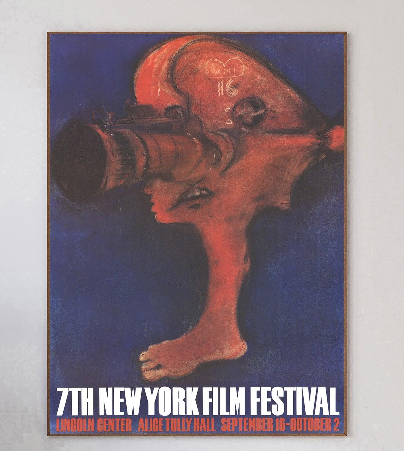 Brillantes Plakat für das 7. New York Film Festival, das vom 16. September bis 2. Oktober 1969 in der Alice Tully Hall im Lincoln Center stattfand. Dieses Werk zeigt Kunstwerke von Marisol Escobar für das Festival, auf dem Filme von Ingmar Bergman,