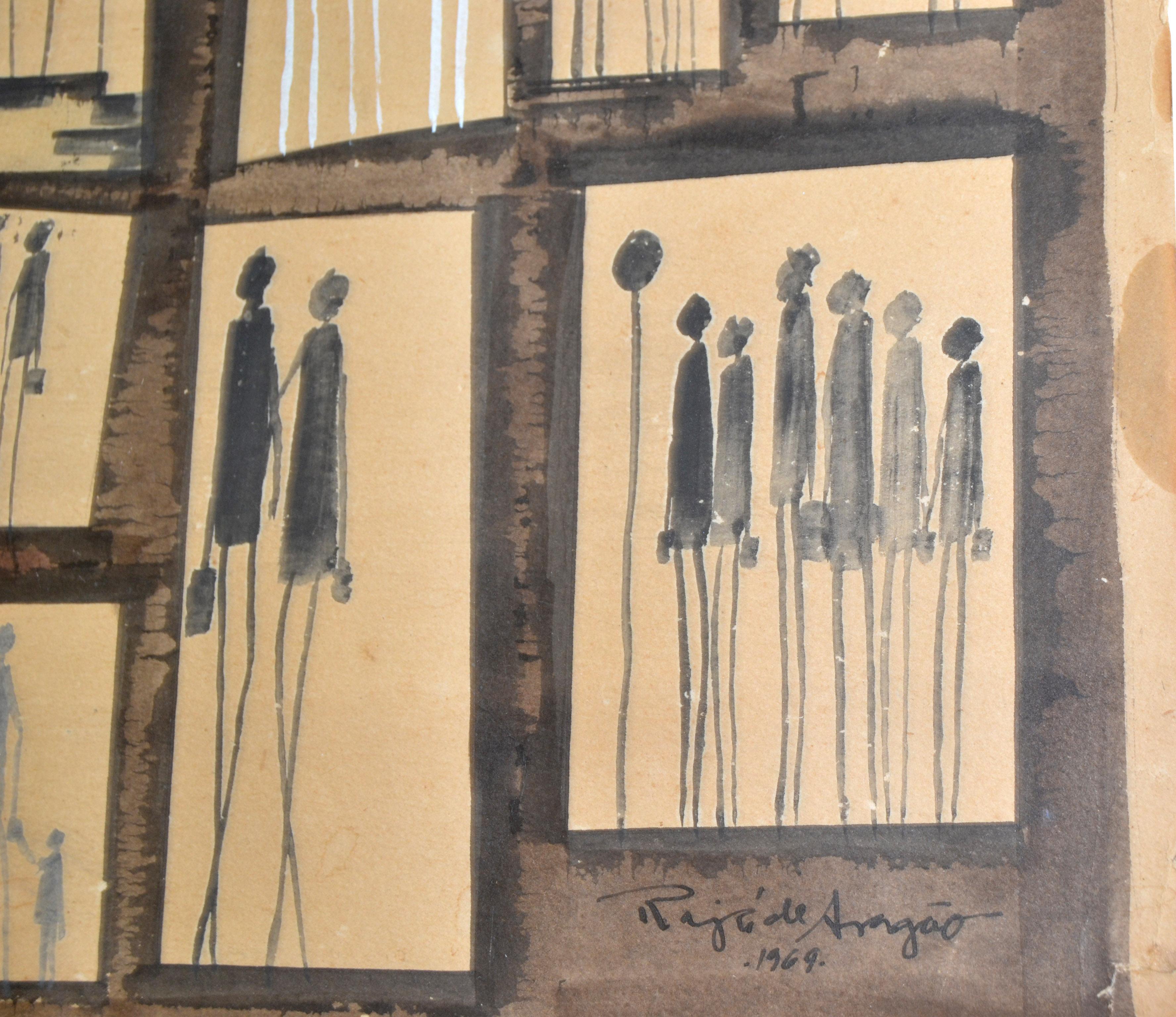 1969 Aragão Abstract Black & White Watercolor on Board Gilt Frame Stick Figures For Sale 3