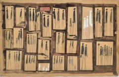 1969 Aragão Abstrait Noir & Blanc Aquarelle Sur Tableau Cadre Doré Figures Bâtons