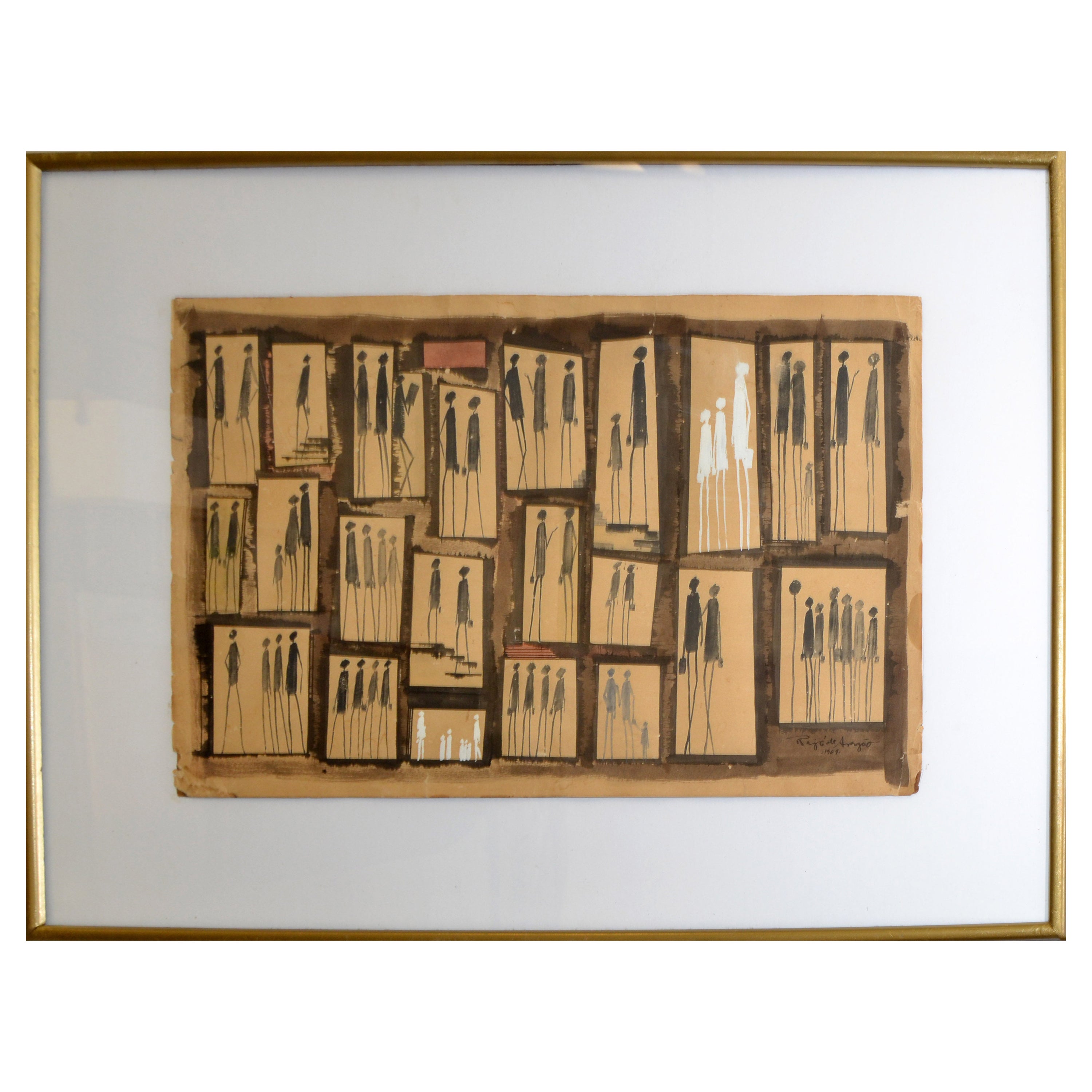1969 Aragão Abstrait Noir & Blanc Aquarelle Sur Tableau Cadre Doré Figures Bâtons en vente