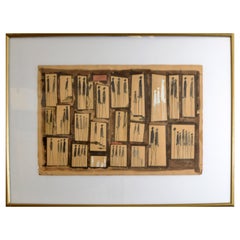 1969 Aragão Abstraktes Schwarz-Weiß-Aquarell auf Brett Vergoldeter Rahmen Strichmännchen