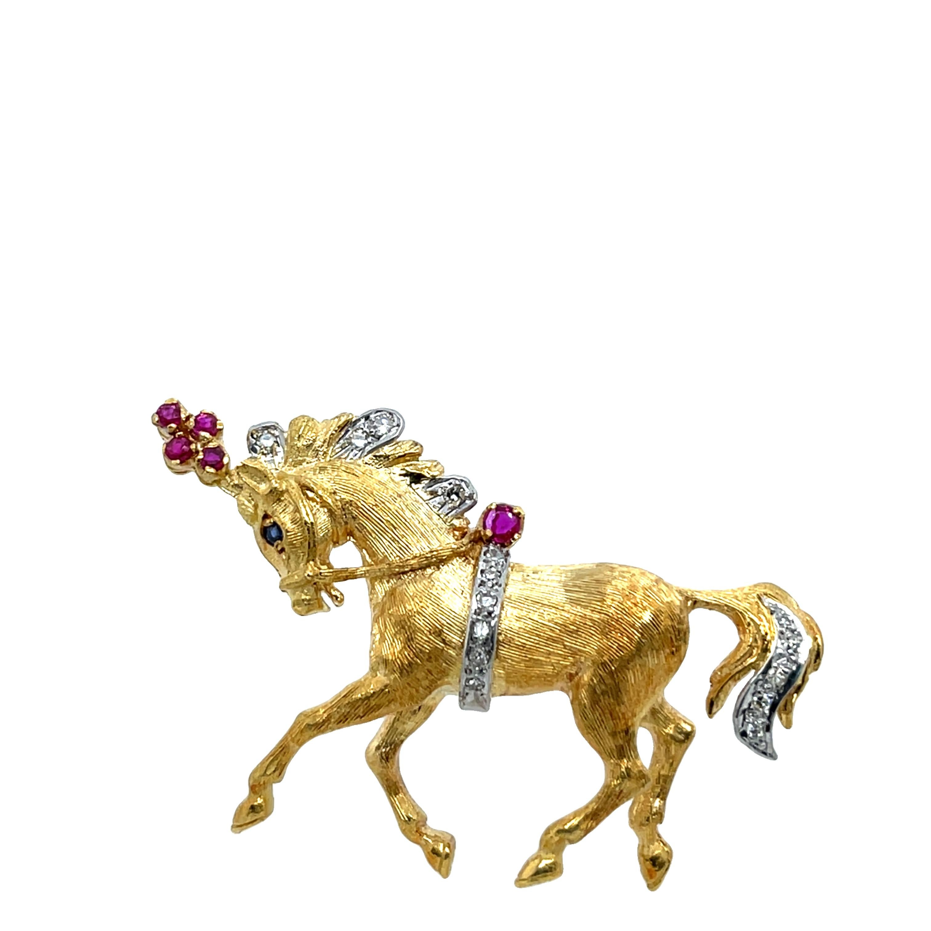 An exquisite vintage brooch crafted by renowned British jeweller 
Ben Rosenfeld, dated 1969. This finely detailed horse motif is rendered in solid 18ct yellow gold, featuring a textured finish that captures lifelike movement and elegance.
The brooch