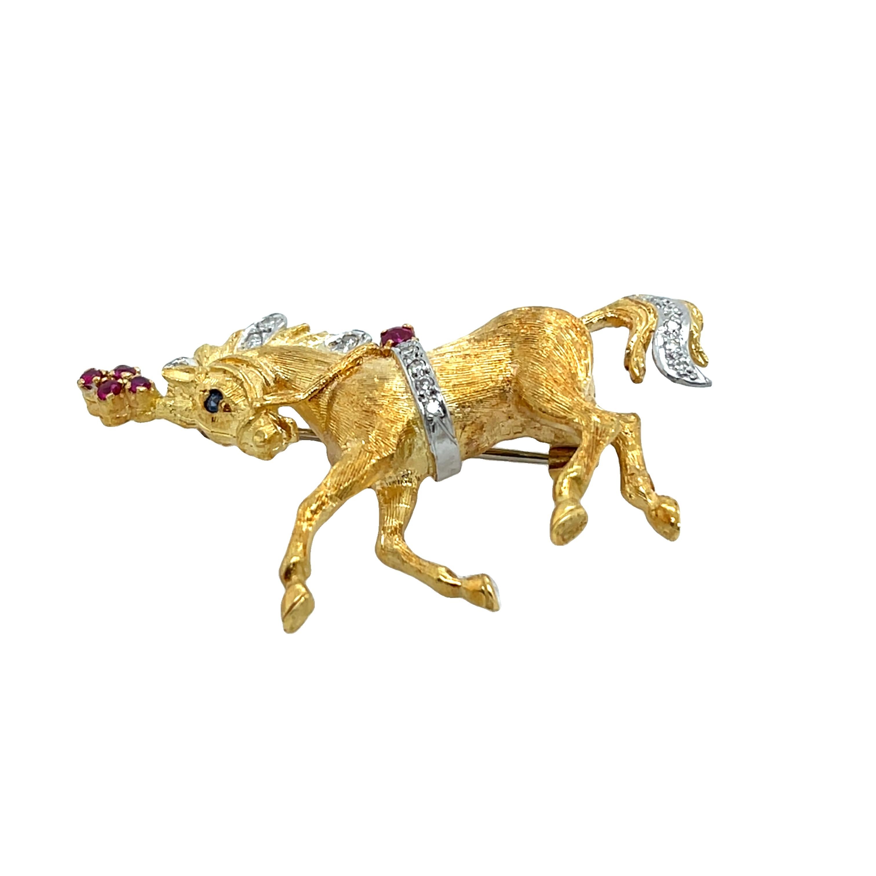1969 Ben Rosenfeld Horse Brooch – 18ct Yellow Gold, Diamond & Ruby For Sale 1