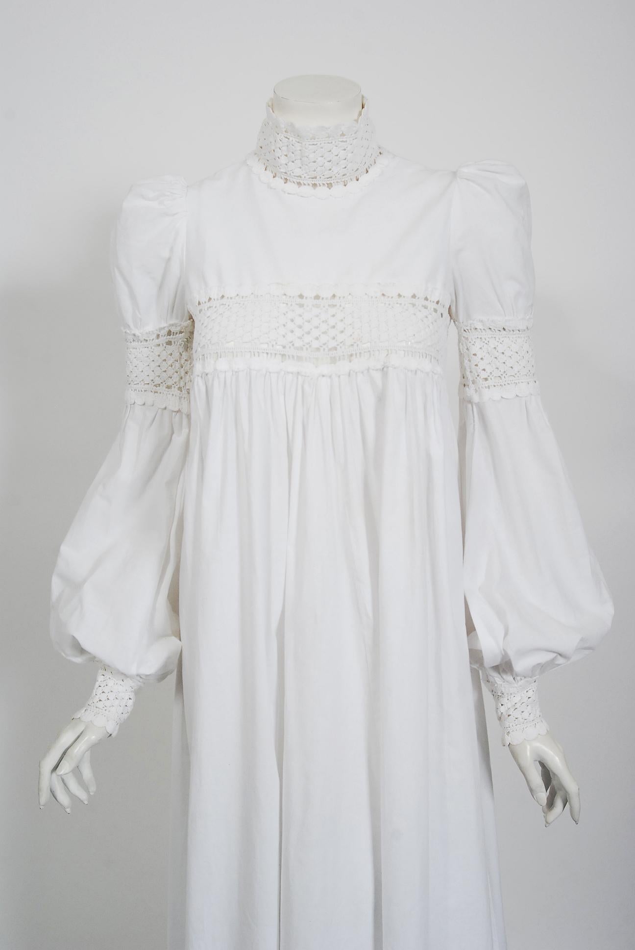 Vintage 1969 Biba Documented White Cotton Lace Billow-Sleeve Maxi Dress & Jacket In Good Condition In Beverly Hills, CA