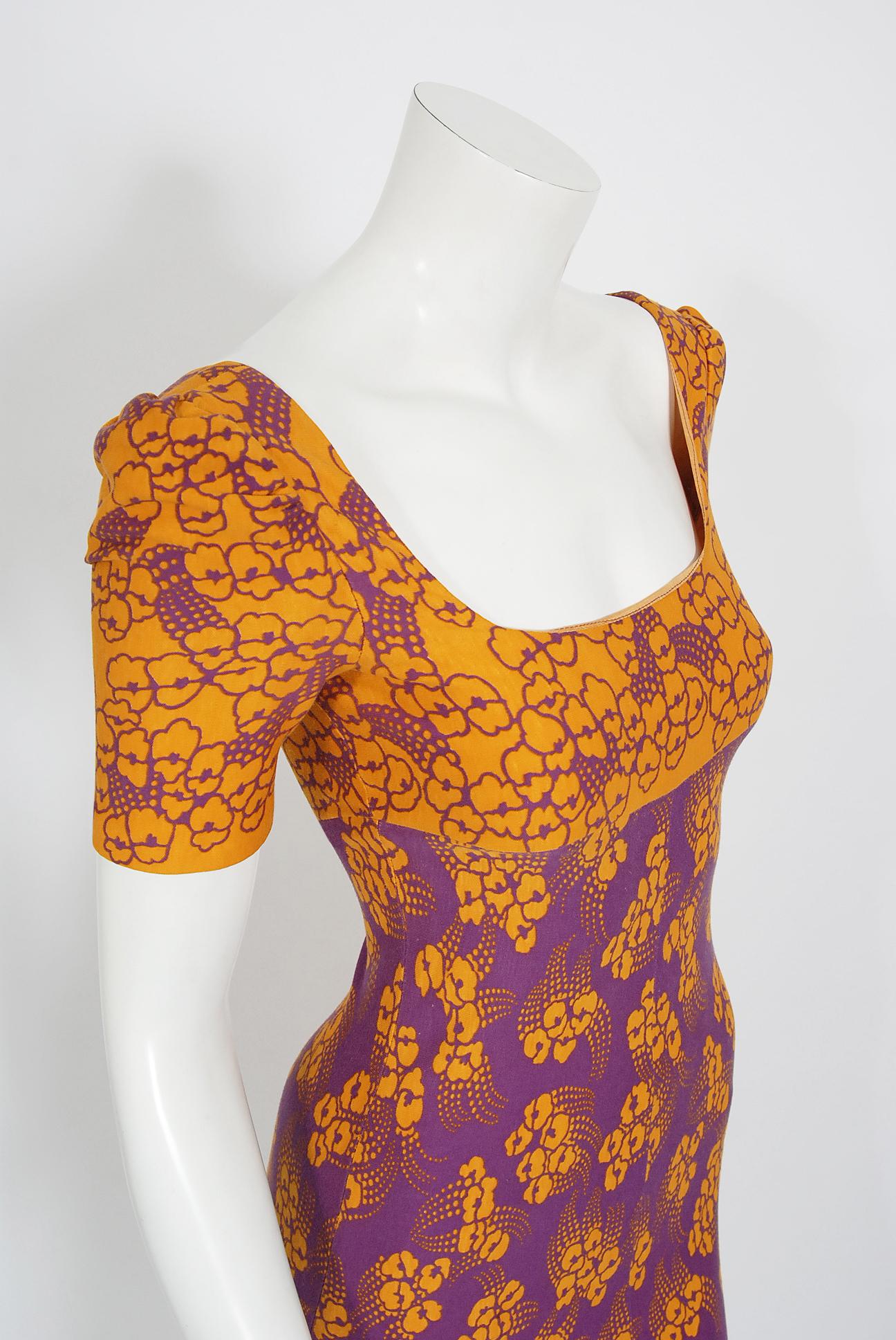 If you were an “It Girl” in London during the 1960's and 1970's, Biba is where you would have shopped. This sensational purple and yellow deco floral dress, dating back to 1969, is a perfect example of the brand's genius. The jersey fabric has a