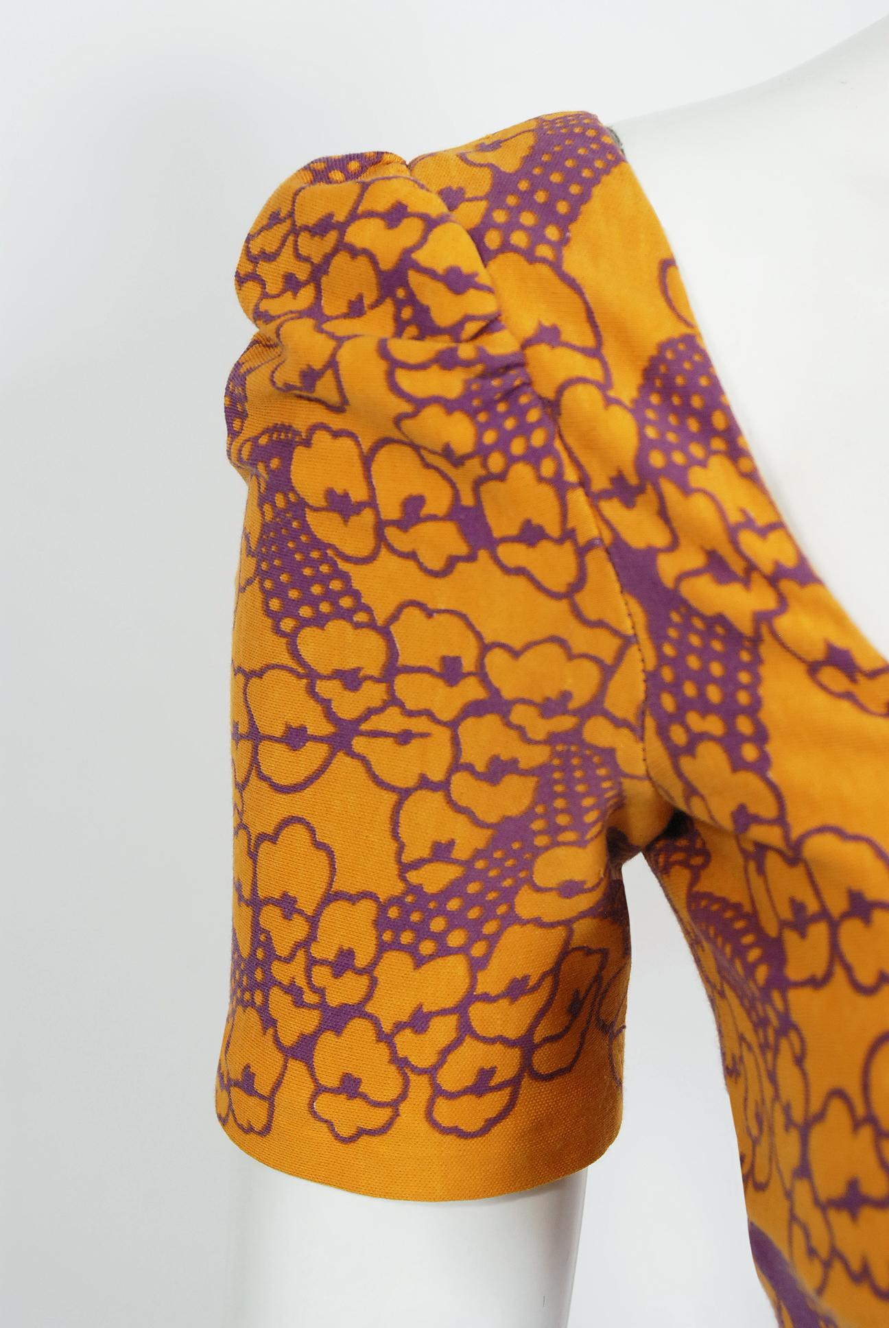 Brown 1969 Biba London Purple & Marigold Deco Floral Print Jersey Low-Plunge Dress