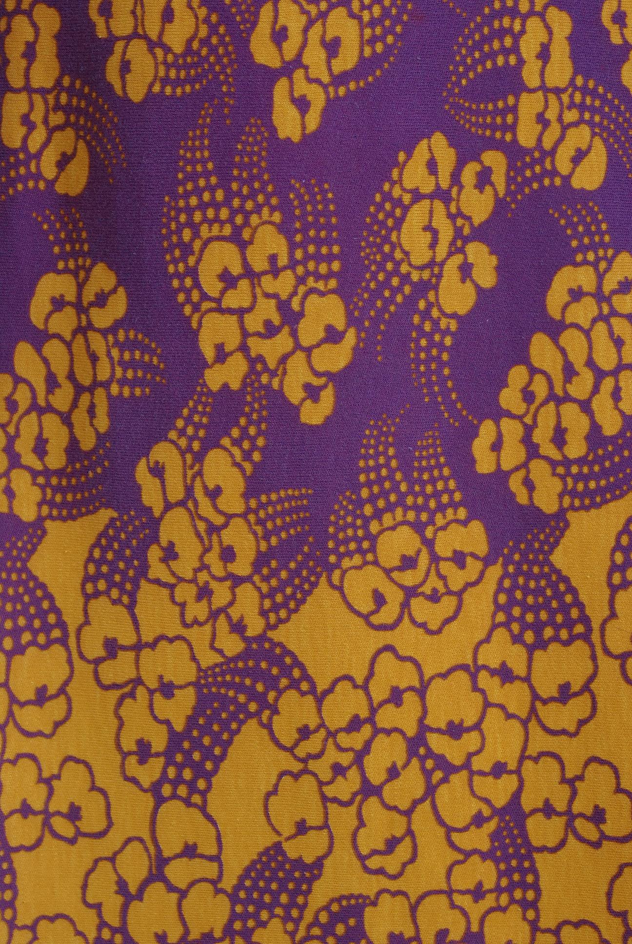 1969 Biba London Purple & Marigold Deco Floral Print Jersey Low-Plunge Dress In Good Condition In Beverly Hills, CA