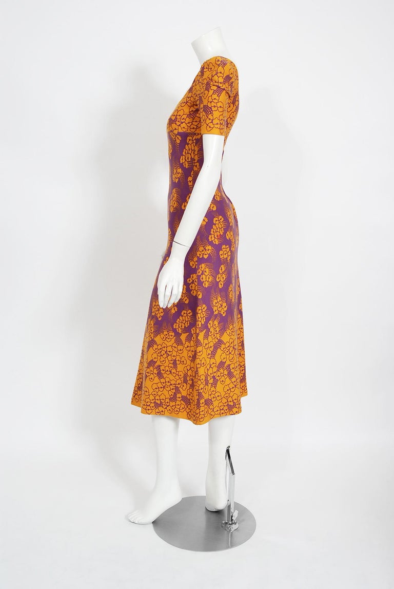 1969 Biba London Purple and Marigold Deco Floral Print Jersey Low