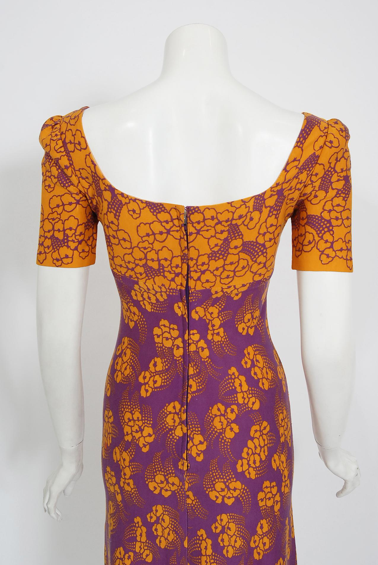 1969 Biba London Purple & Marigold Deco Floral Print Jersey Low-Plunge Dress 1