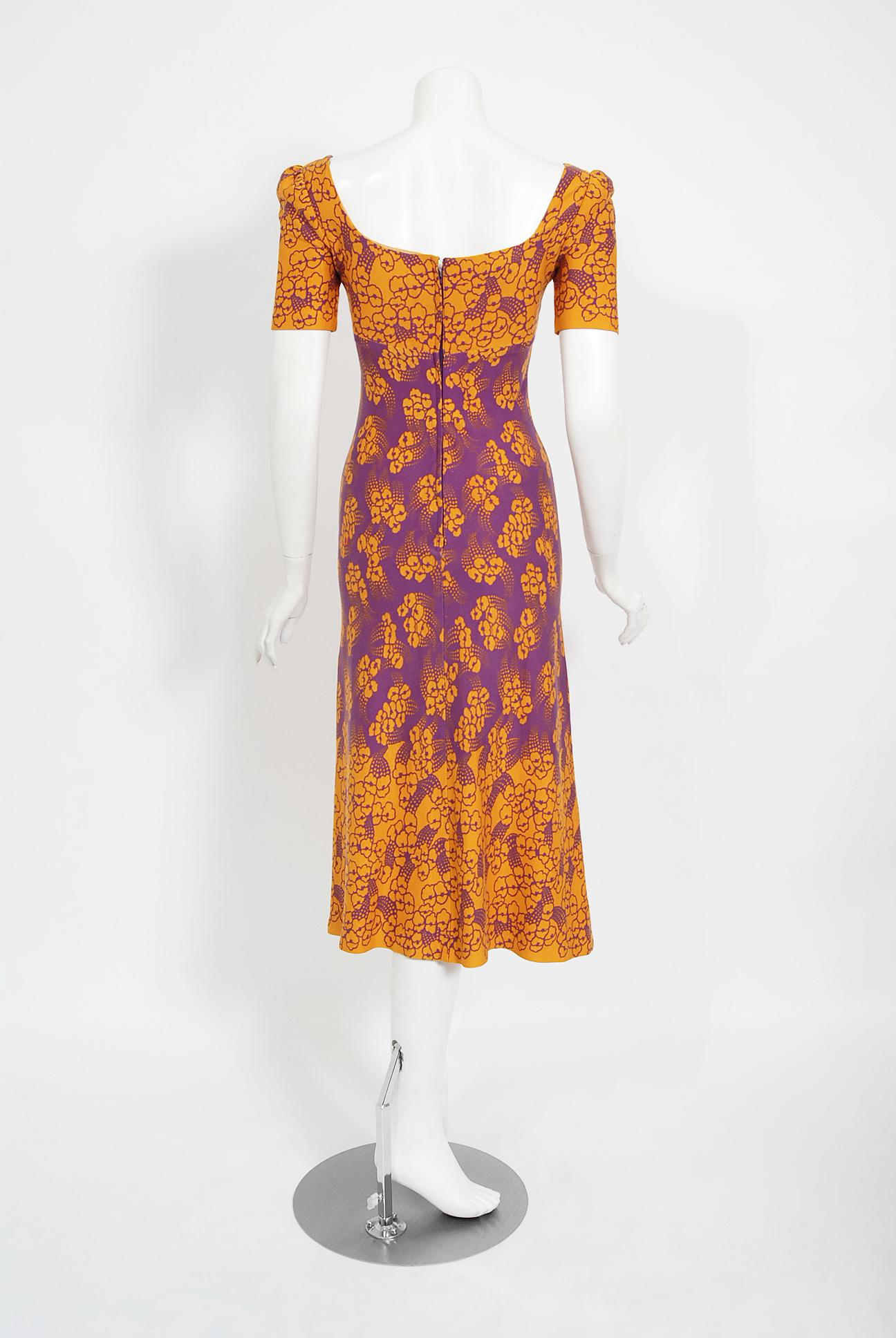 1969 Biba London Purple & Marigold Deco Floral Print Jersey Low-Plunge Dress 2
