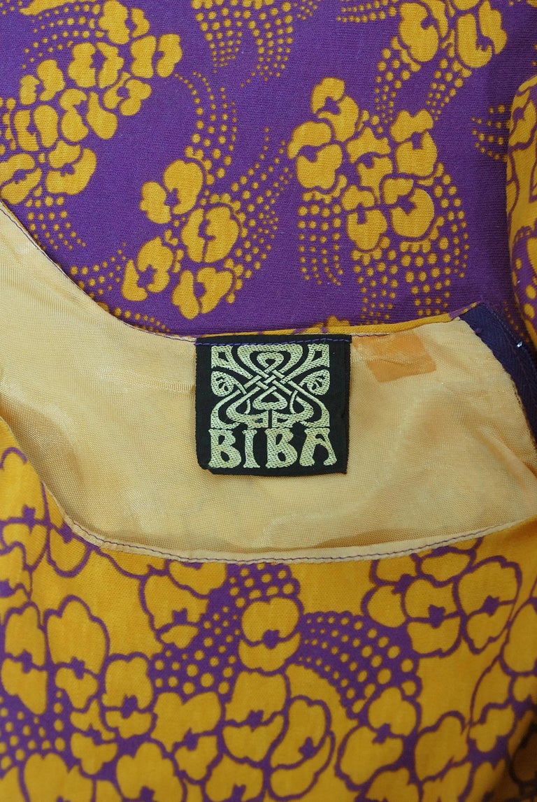 1969 Biba London Purple and Marigold Deco Floral Print Jersey Low