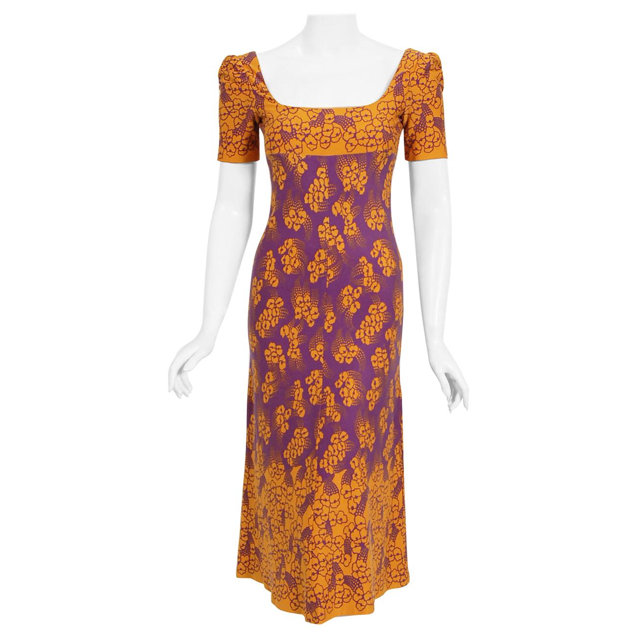 1969 Biba London Purple & Marigold Deco Floral Print Jersey Low-Plunge Dress