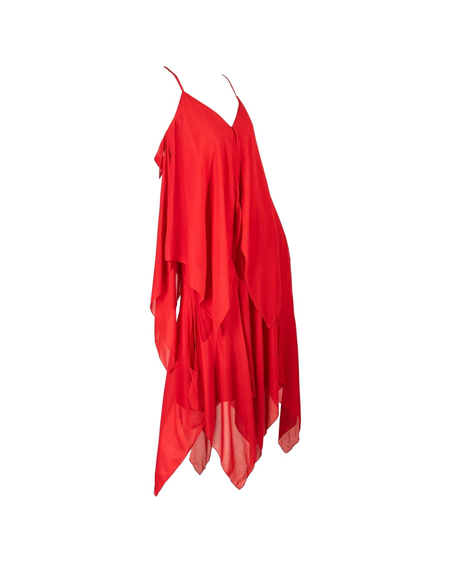 1969 Bill Blass silk chiffon red midi dress with handkerchief hem and panels of silk chiffon throughout. Sleeveless dress with v-neck. A beautiful chic, airy dress. As seen in the Met Museum.