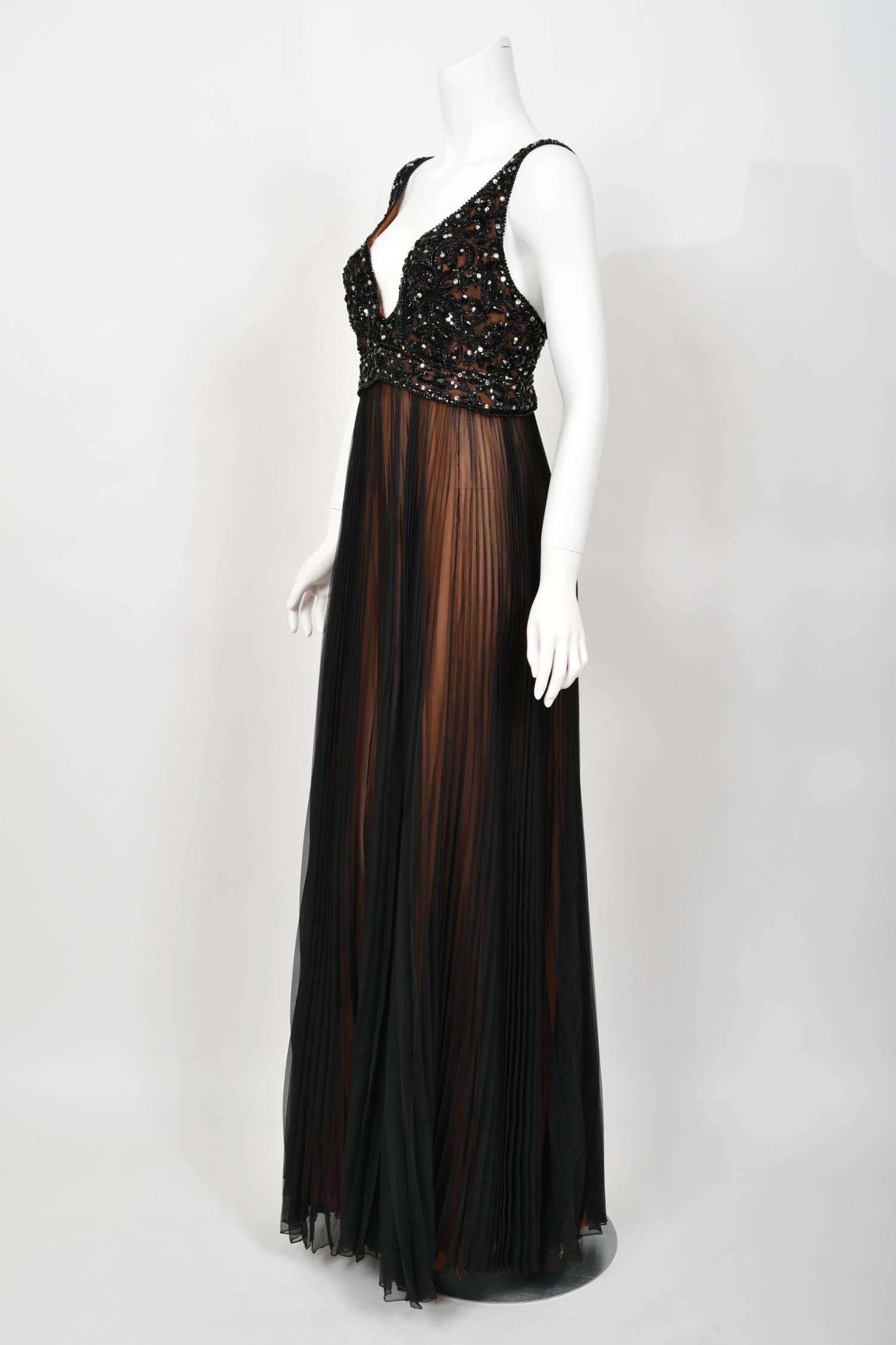 1969 Bob Mackie Couture Documented Beaded Nude-Illusion Pleated Silk Cape Gown  For Sale 8