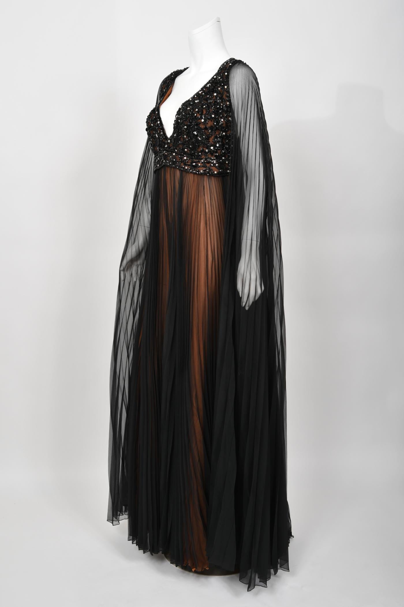 1969 Bob Mackie Couture Documented Beaded Nude-Illusion Pleated Silk Cape Gown  For Sale 10