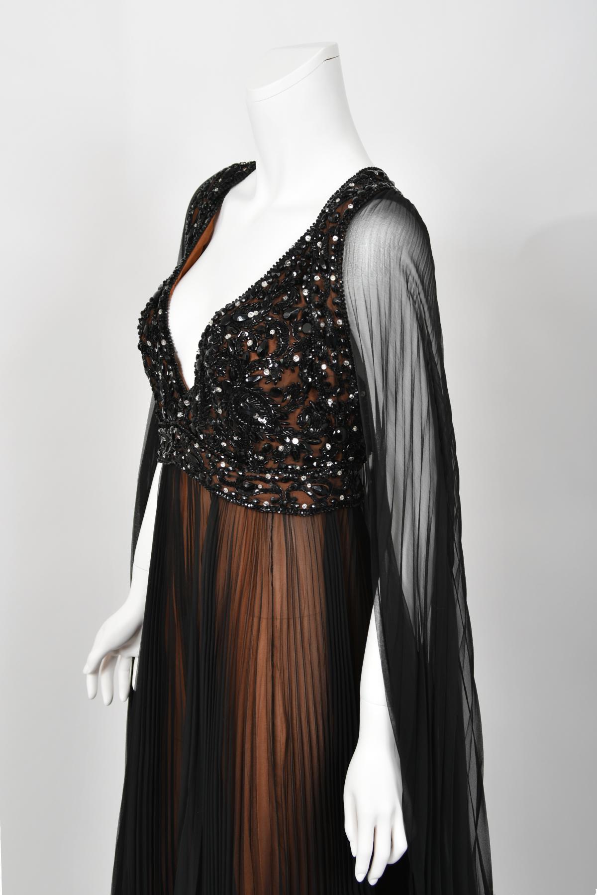 1969 Bob Mackie Couture Documented Beaded Nude-Illusion Pleated Silk Cape Gown  For Sale 11