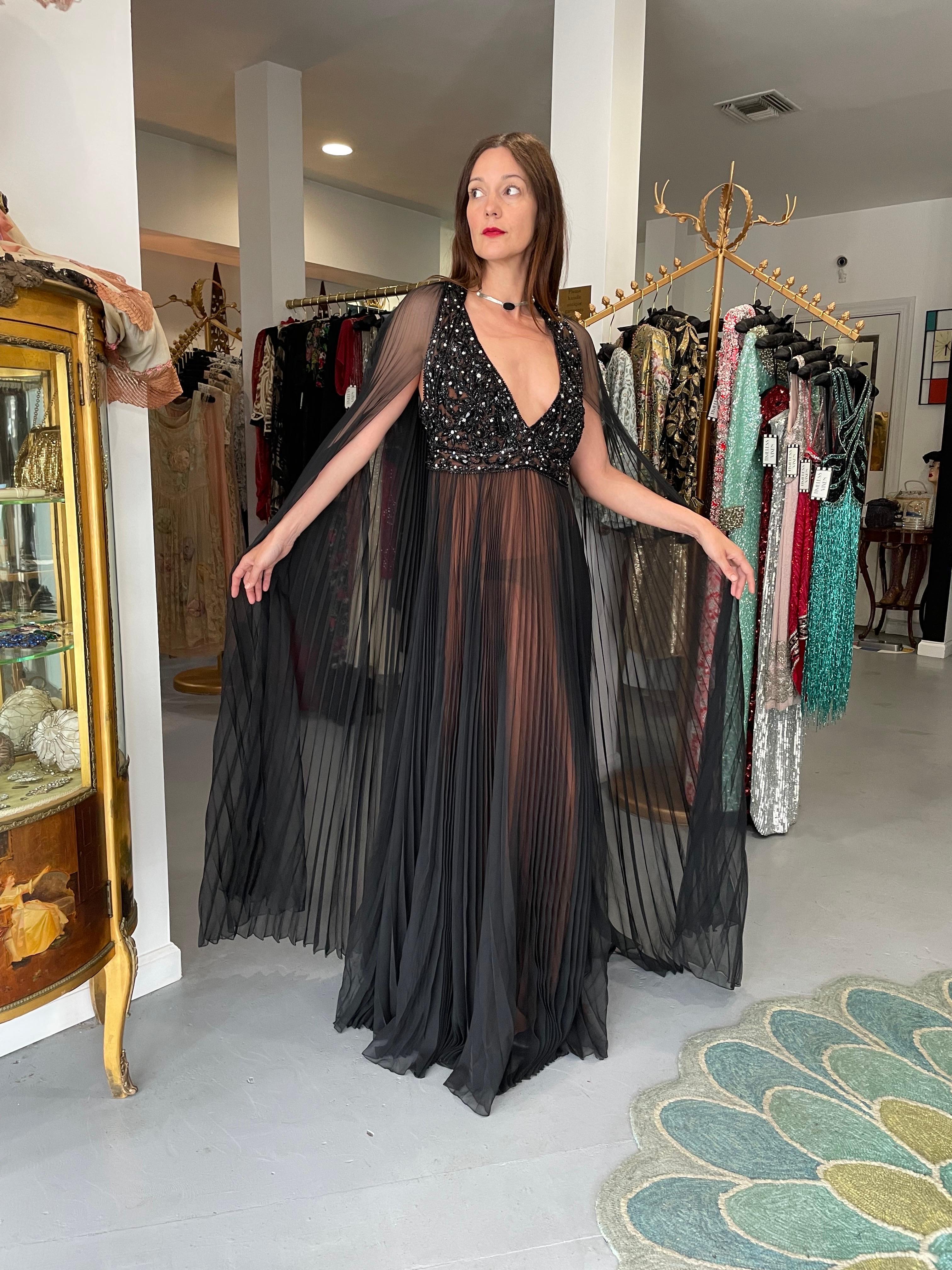 Black 1969 Bob Mackie Couture Documented Beaded Nude-Illusion Pleated Silk Cape Gown