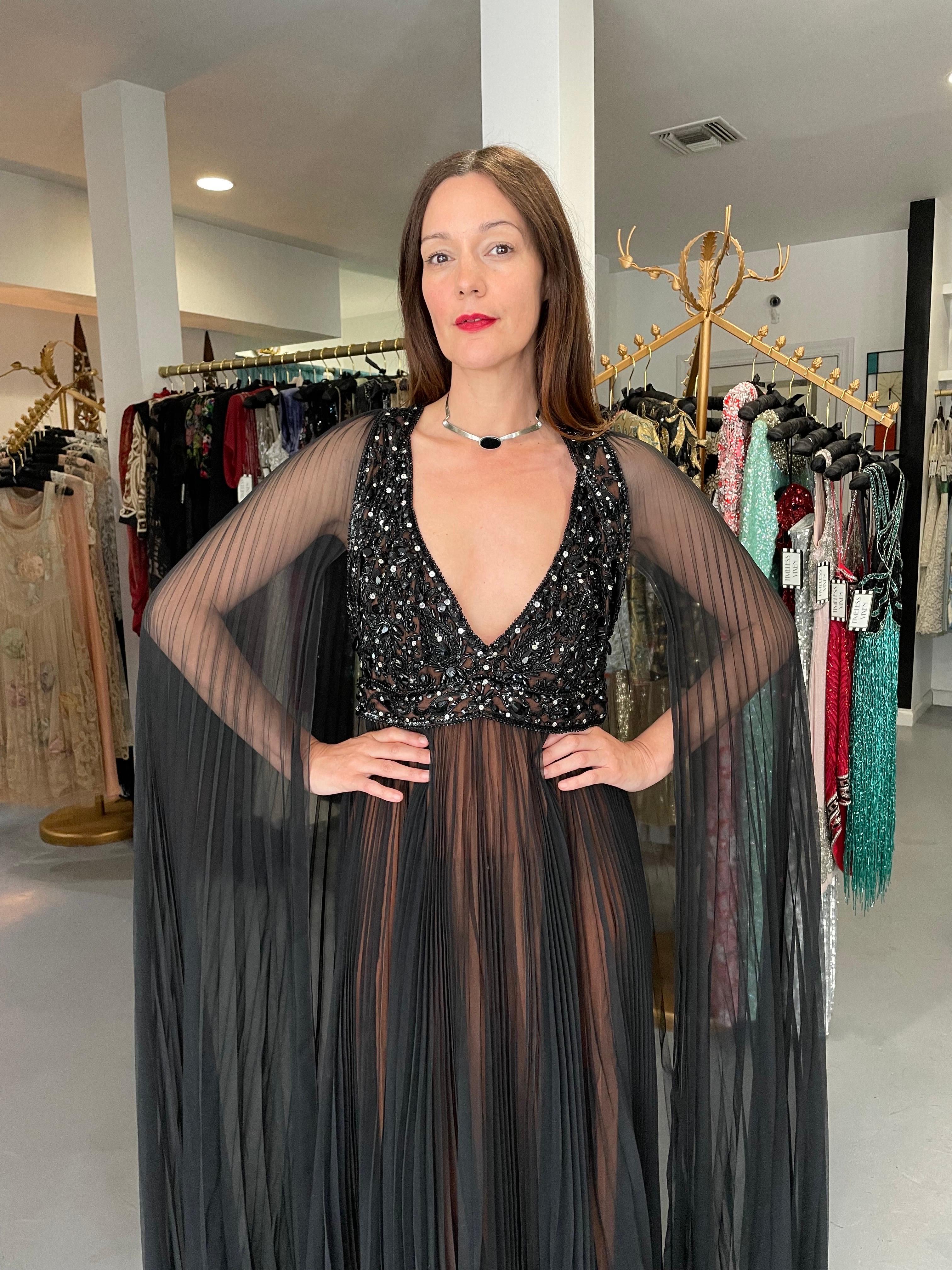 1969 Bob Mackie Couture Documented Beaded Nude-Illusion Pleated Silk Cape Gown In Good Condition In Beverly Hills, CA