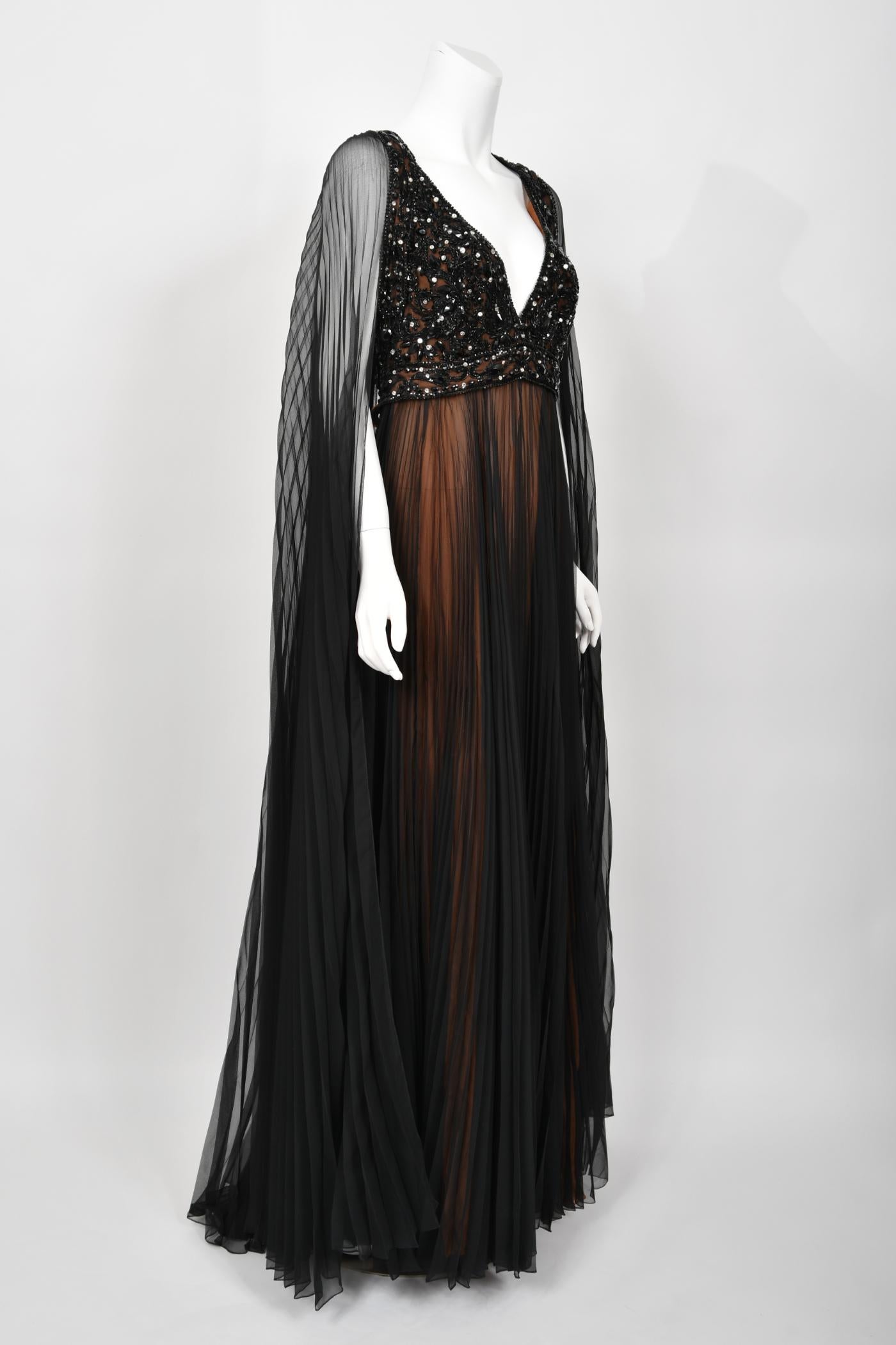 1969 Bob Mackie Couture Documented Beaded Nude-Illusion Pleated Silk Cape Gown  For Sale 4