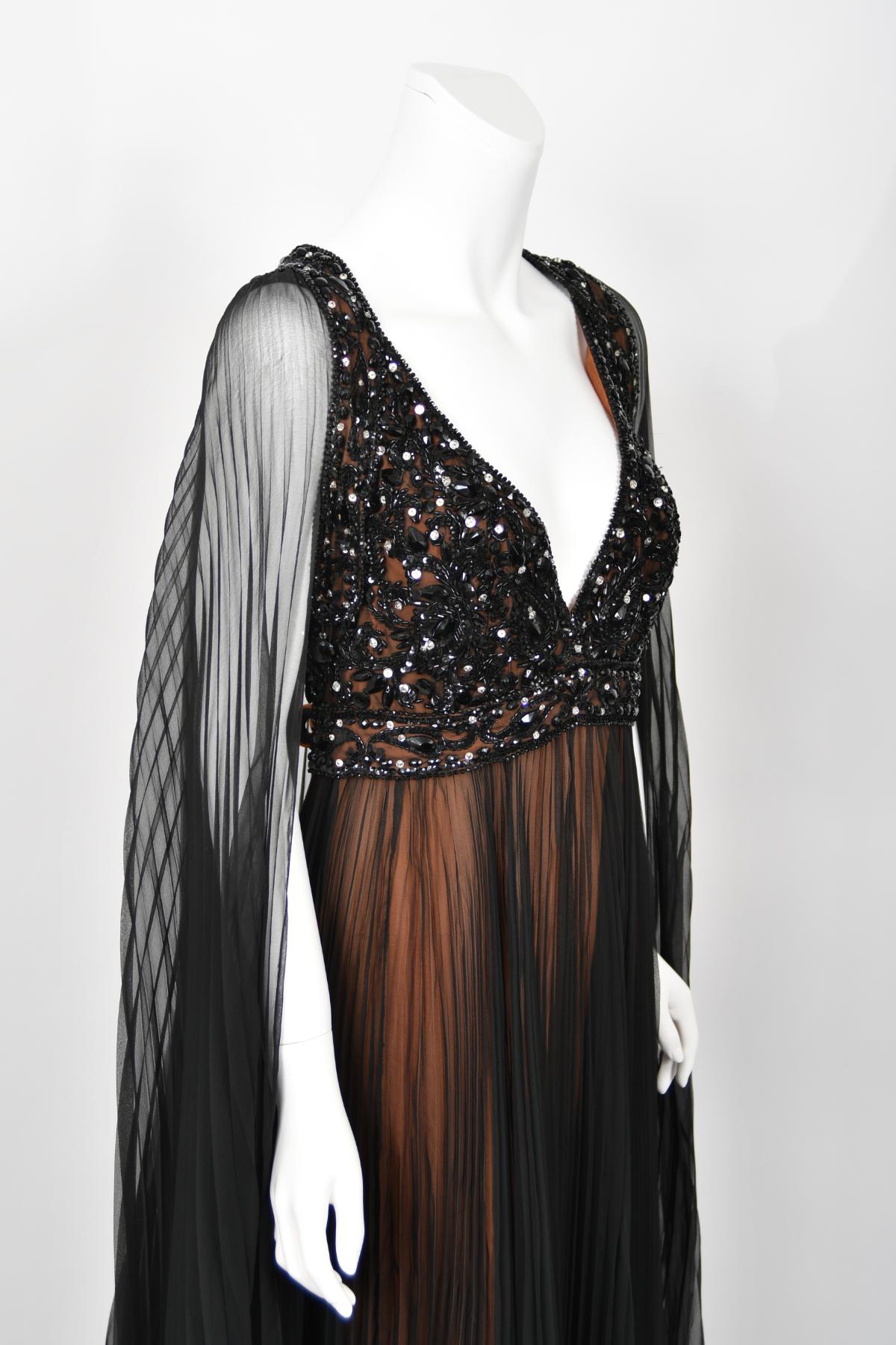 1969 Bob Mackie Couture Documented Beaded Nude-Illusion Pleated Silk Cape Gown  For Sale 5