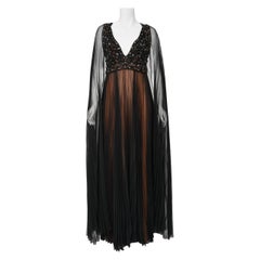 1969 Bob Mackie Couture Documented Beaded Nude-Illusion Pleated Silk Cape Gown