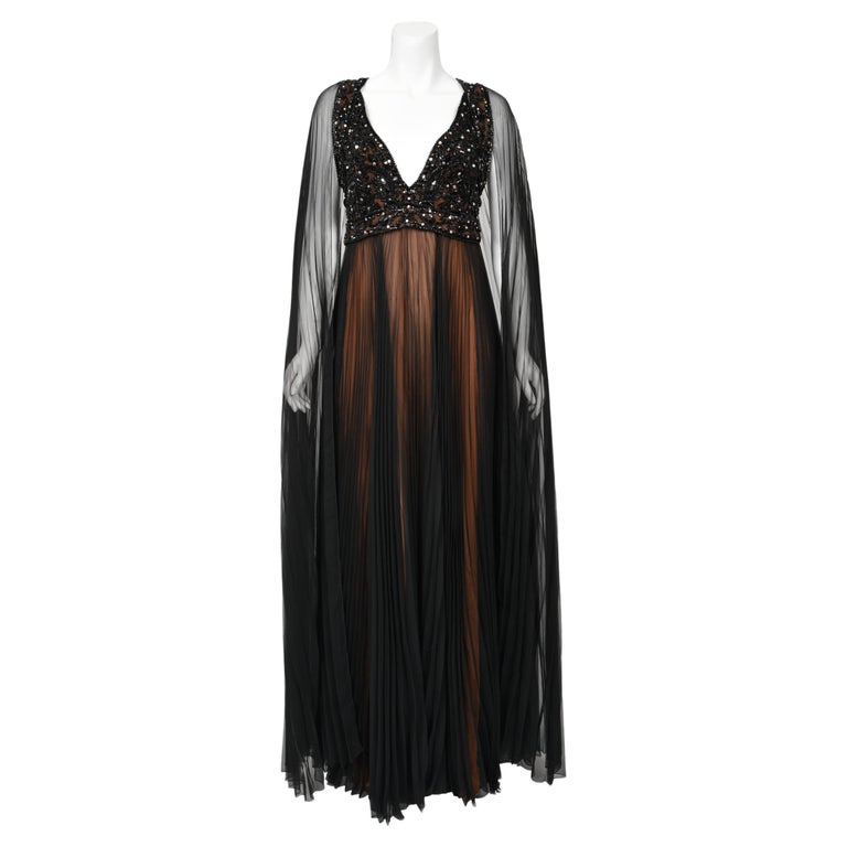 1969 Bob Mackie Couture Documented Beaded Nude-Illusion Pleated Silk Cape Gown For Sale at 1stDibs 1969 Bob Mackie Couture... 