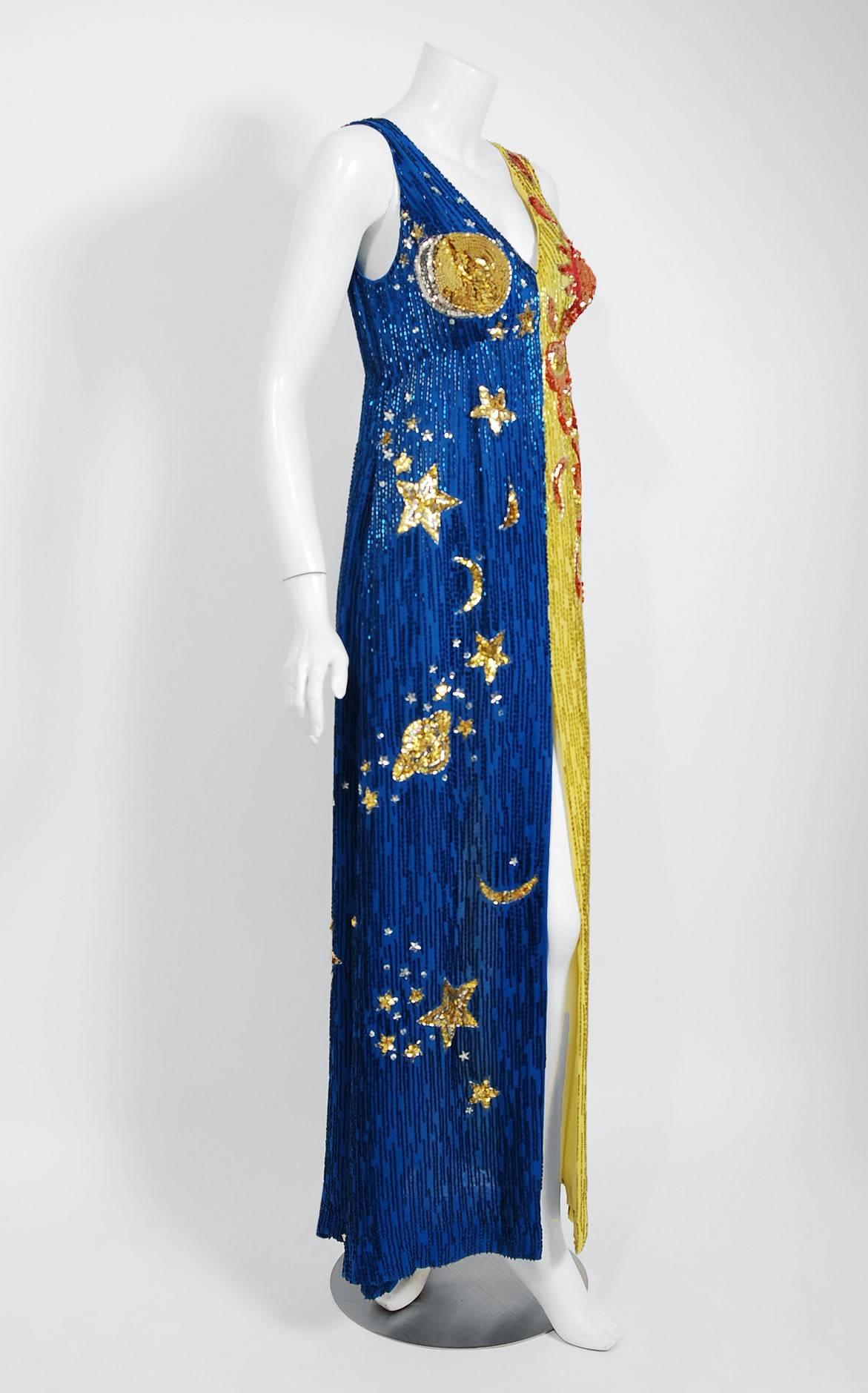 Breathtaking Boyd Clopton Couture celestial sun and moon novelty gown dating back to the late 1960's. Boyd Clopton was an acclaimed costume designer during the 1960's and 1970's, dressing some of the top musical groups and soloists of the era.  He