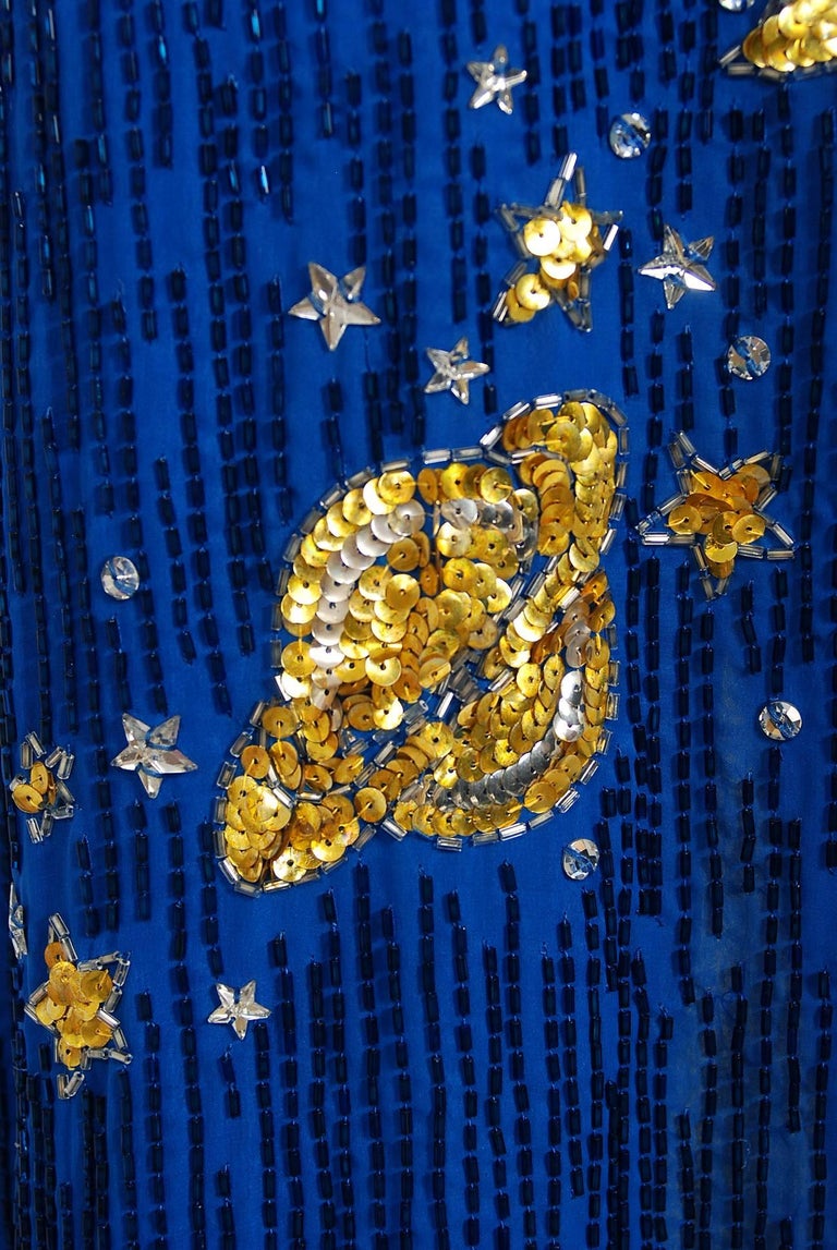 sun and moon sequin dress 1969 Boyd Clopton Couture Celestial Sun & Moon Beaded Sequin High-Slit Gown