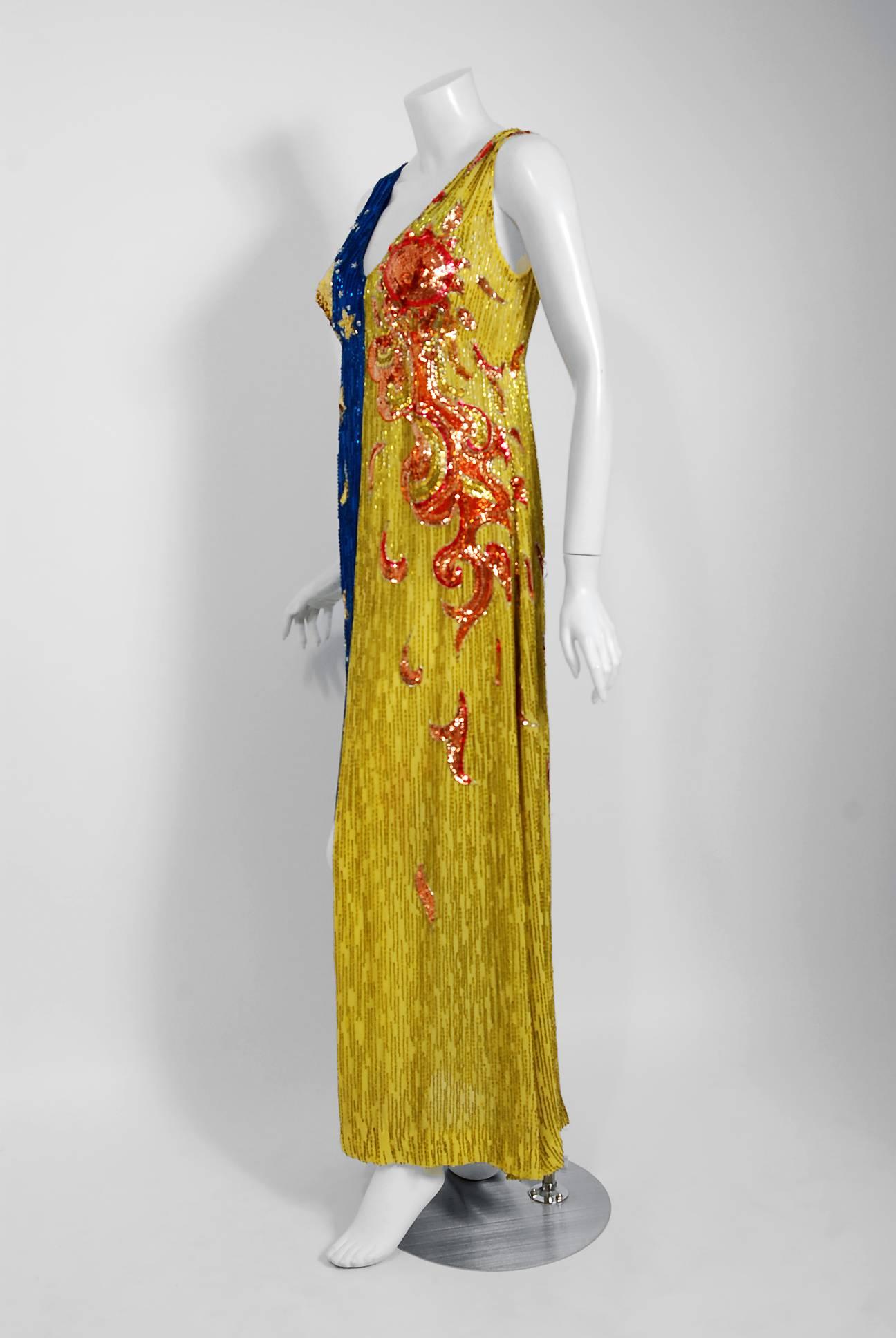 Vintage 1969 Boyd Clopton Couture Celestial Sun & Moon Beaded High-Slit Gown  In Good Condition In Beverly Hills, CA